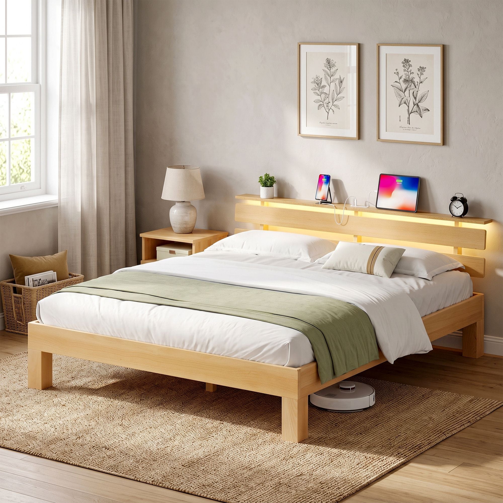 Bedframe - Van Massief Beukenhout - Hoofdbord met LED en USB - Naturel - 221,2 x 164,5 x 78 cm