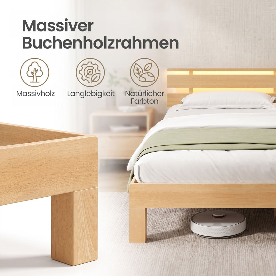 Bedframe - Van Massief Beukenhout - Hoofdbord met LED en USB - Naturel - 221,2 x 164,5 x 78 cm