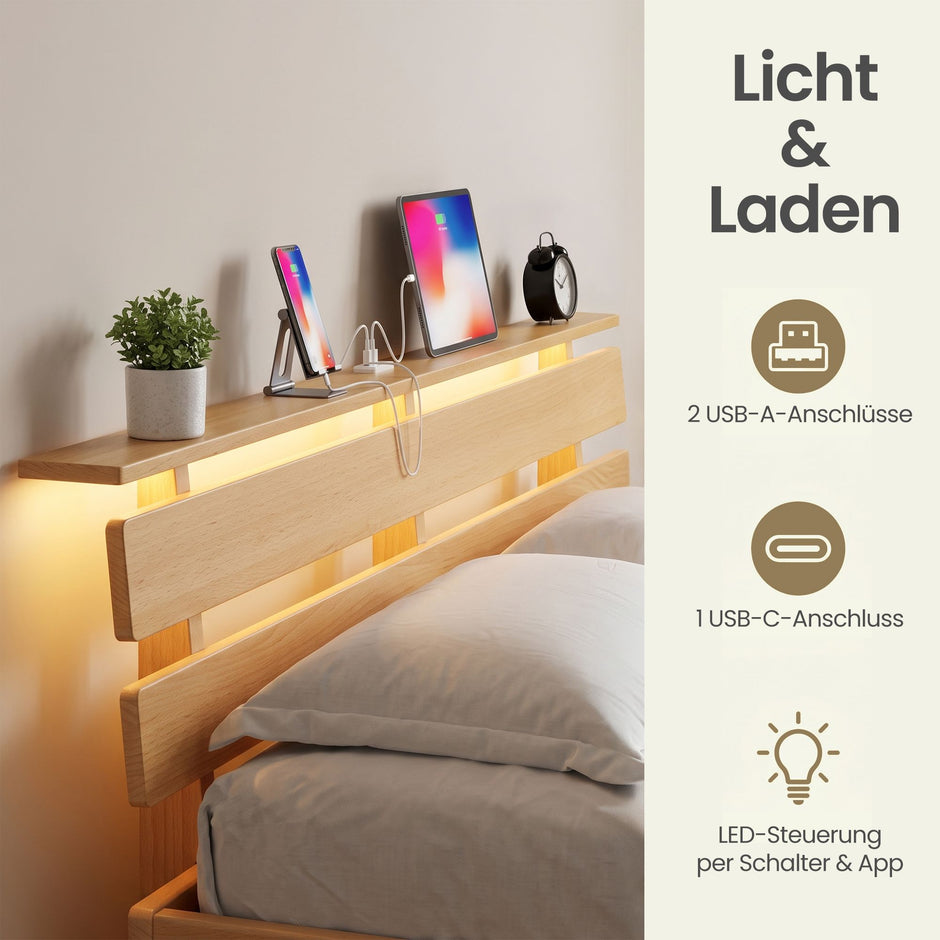 Bedframe - Van Massief Beukenhout - Hoofdbord met LED en USB - Naturel - 221,2 x 164,5 x 78 cm