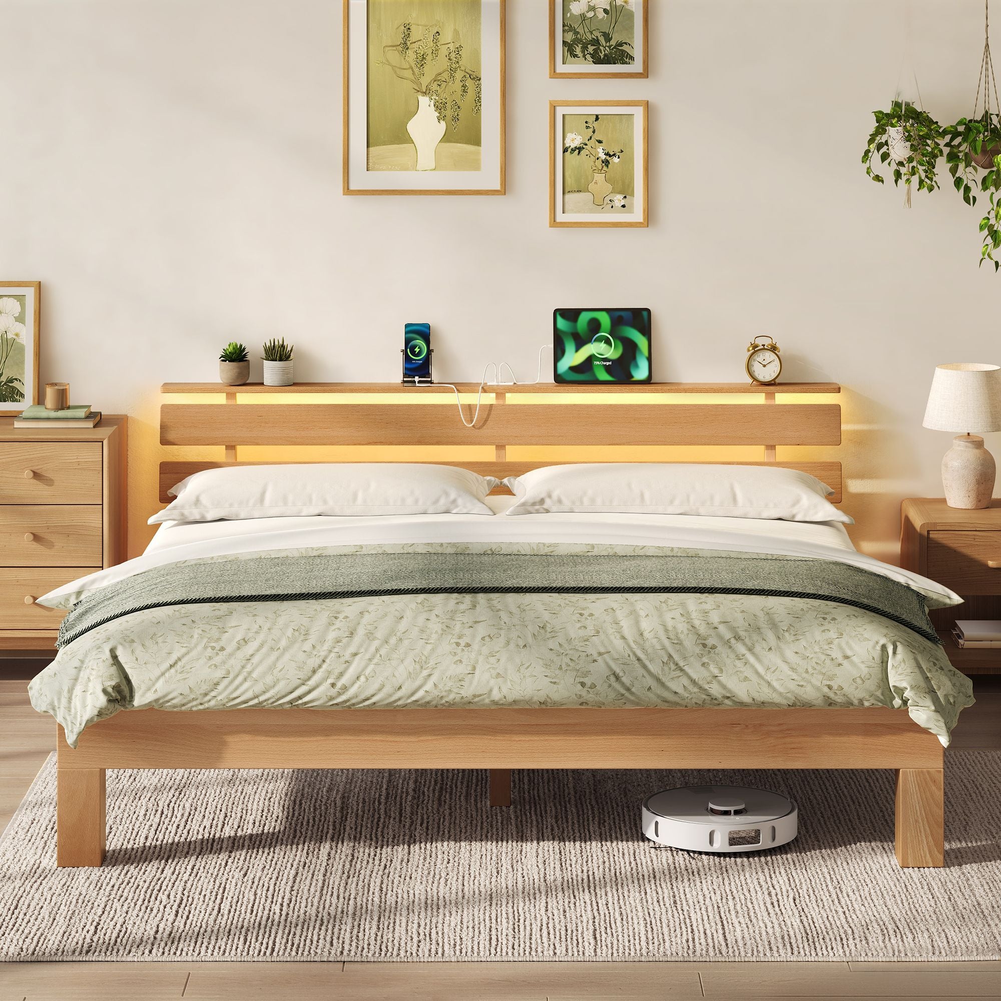 Bedframe - Van Massief Beukenhout - Hoofdbord met LED en USB - Naturel - 221,2 x 184,5 x 78 cm