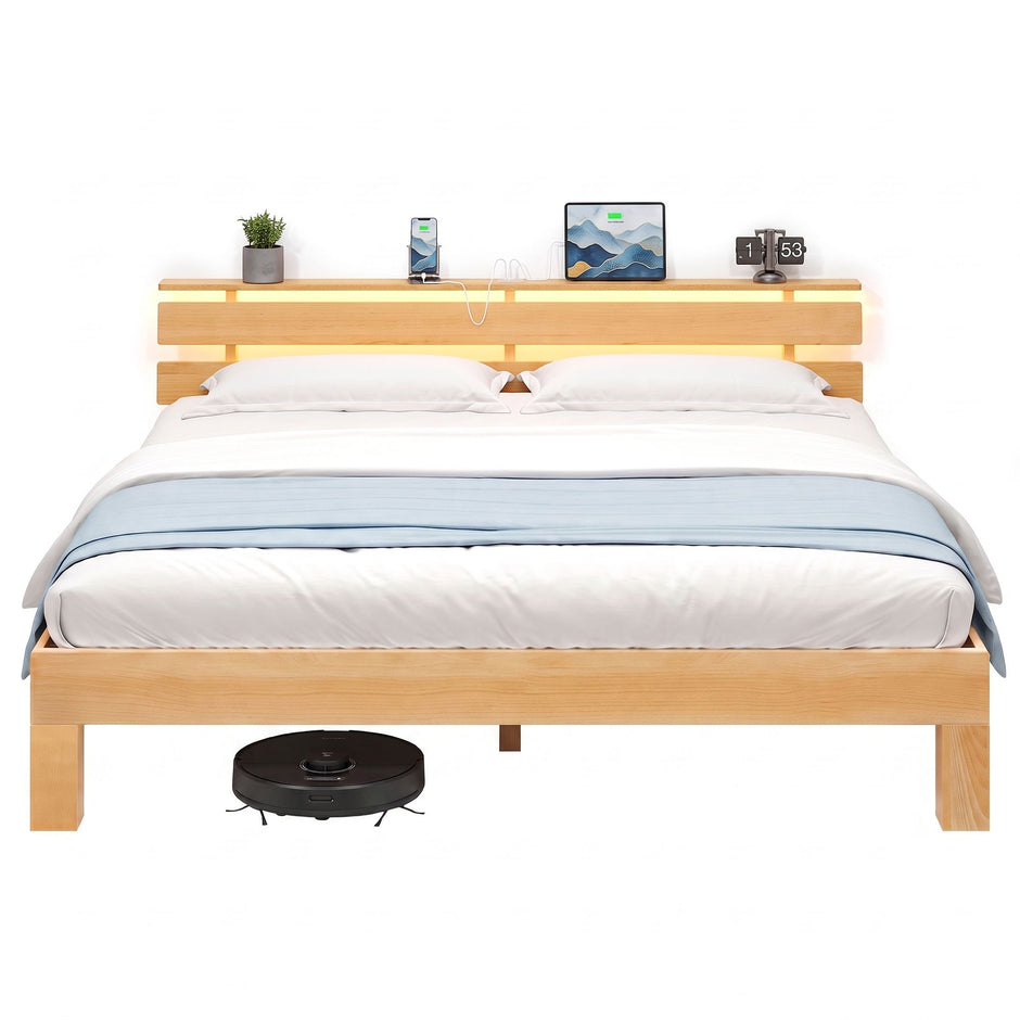 Bedframe - Van Massief Beukenhout - Hoofdbord met LED en USB - Naturel - 221,2 x 184,5 x 78 cm