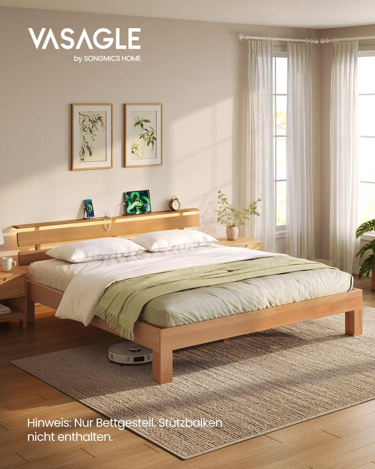 Bedframe - Van Massief Beukenhout - Hoofdbord met LED en USB - Naturel - 221,2 x 184,5 x 78 cm