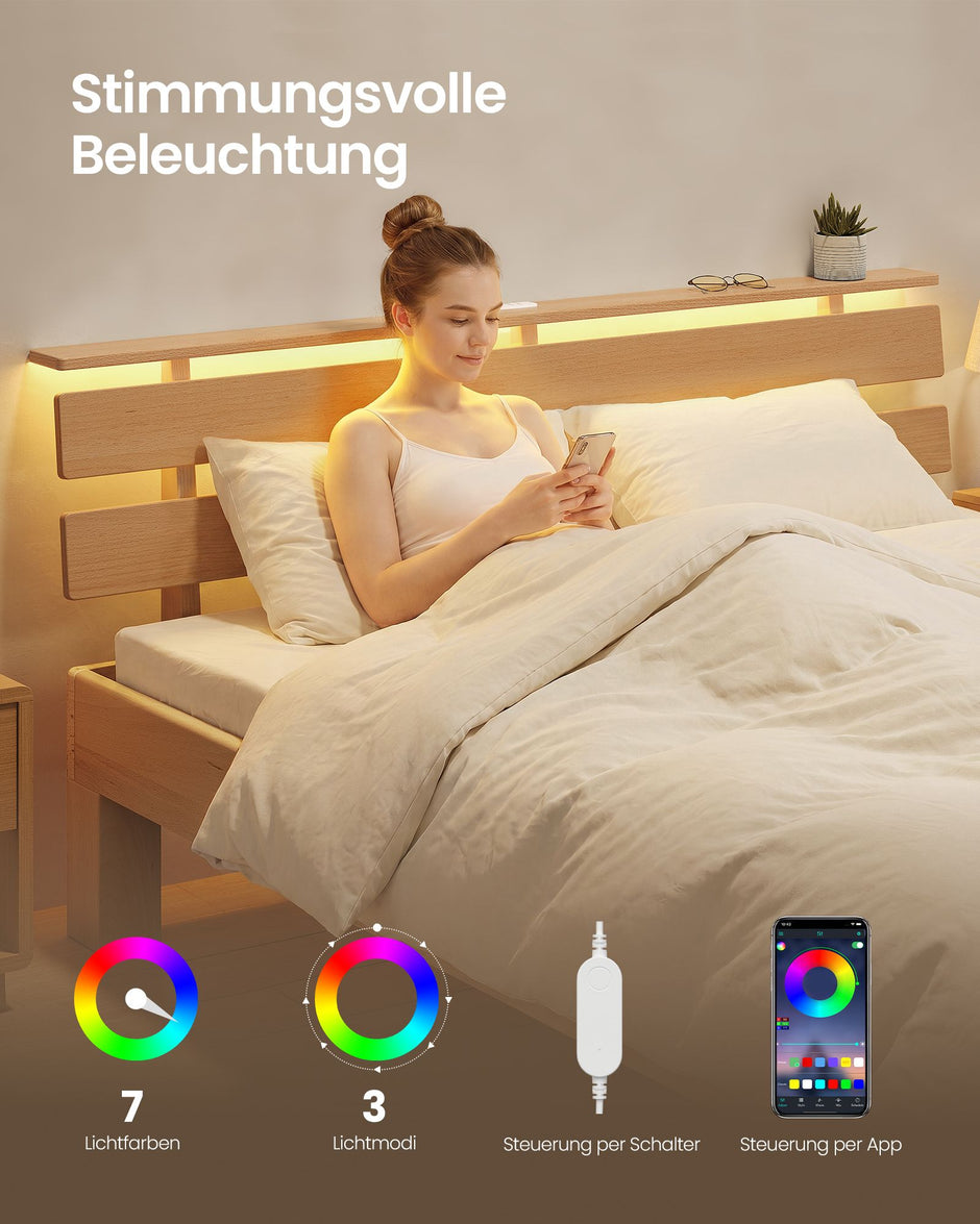 Bedframe - Van Massief Beukenhout - Hoofdbord met LED en USB - Naturel - 221,2 x 184,5 x 78 cm