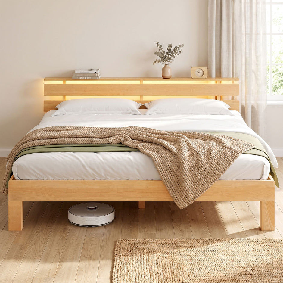 Bedframe - Van Massief Beukenhout - Hoofdbord met LED en USB - Naturel - 221,2 x 184,5 x 78 cm