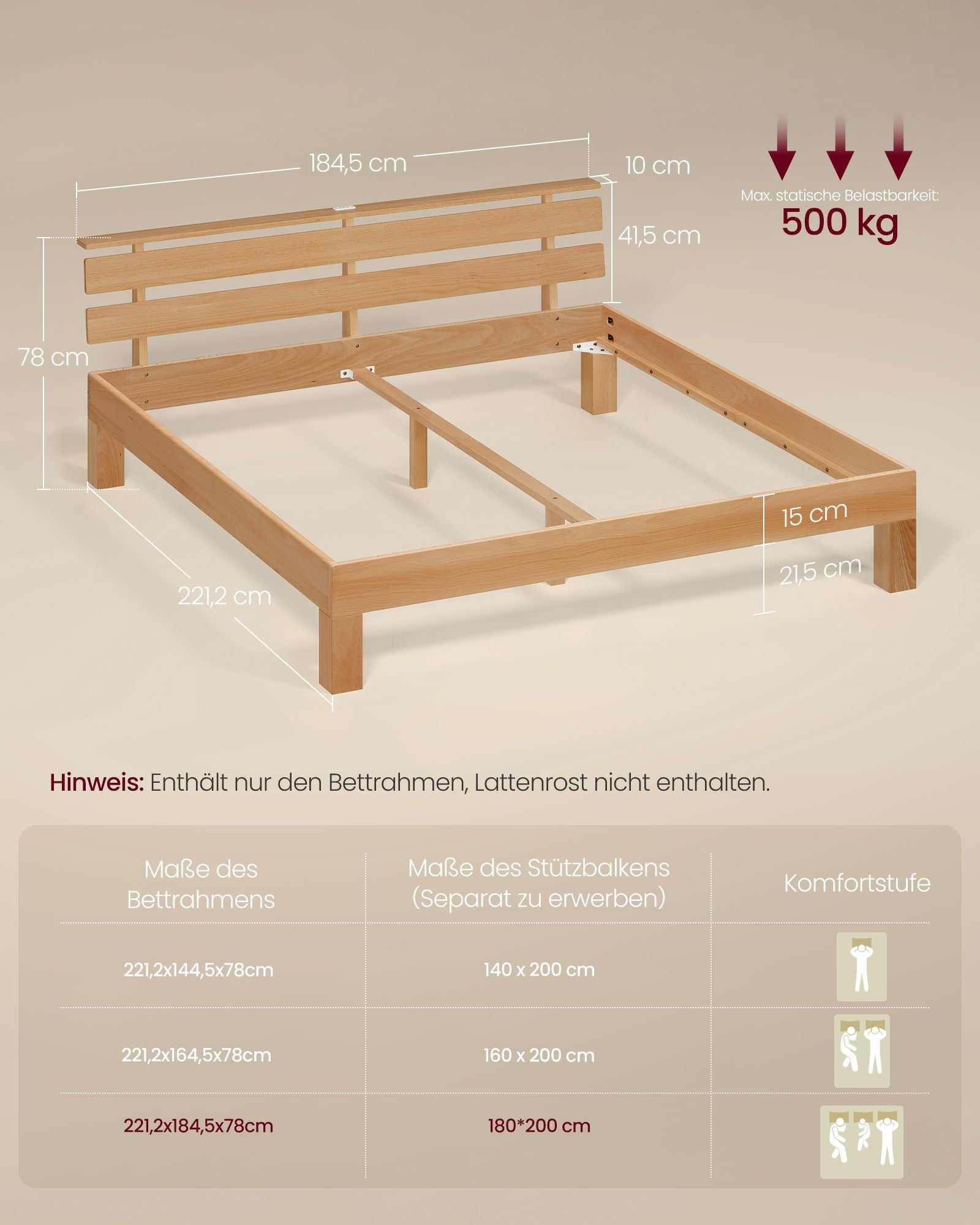 Bedframe - Van Massief Beukenhout - Hoofdbord met LED en USB - Naturel - 221,2 x 184,5 x 78 cm