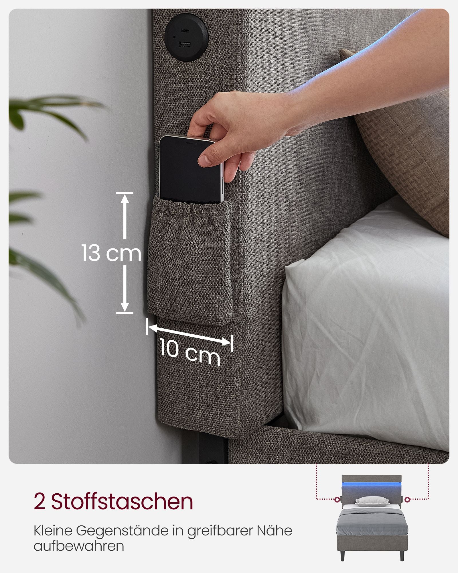 Metall Doppelbett-140 x 190 cm-LED LED Lighting-Dark Grey