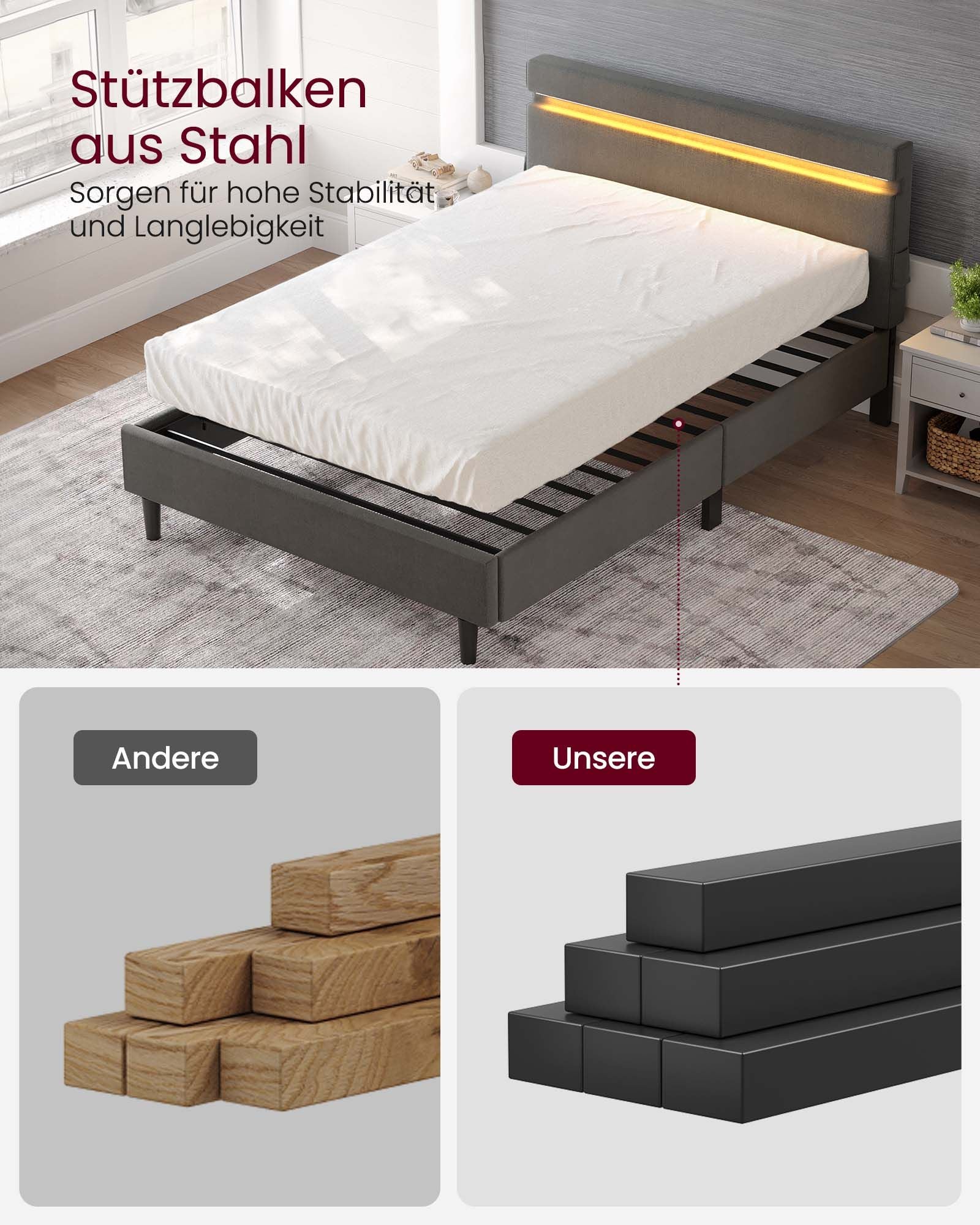 Metall Doppelbett-140 x 190 cm-LED LED Lighting-Dark Grey