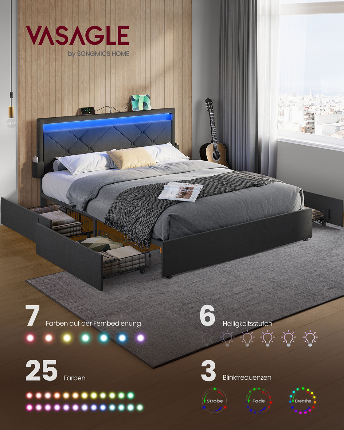 Doppelbett -Rahmen 160 x 200 cm mit LED- und 4 Schubladen und Ladestation