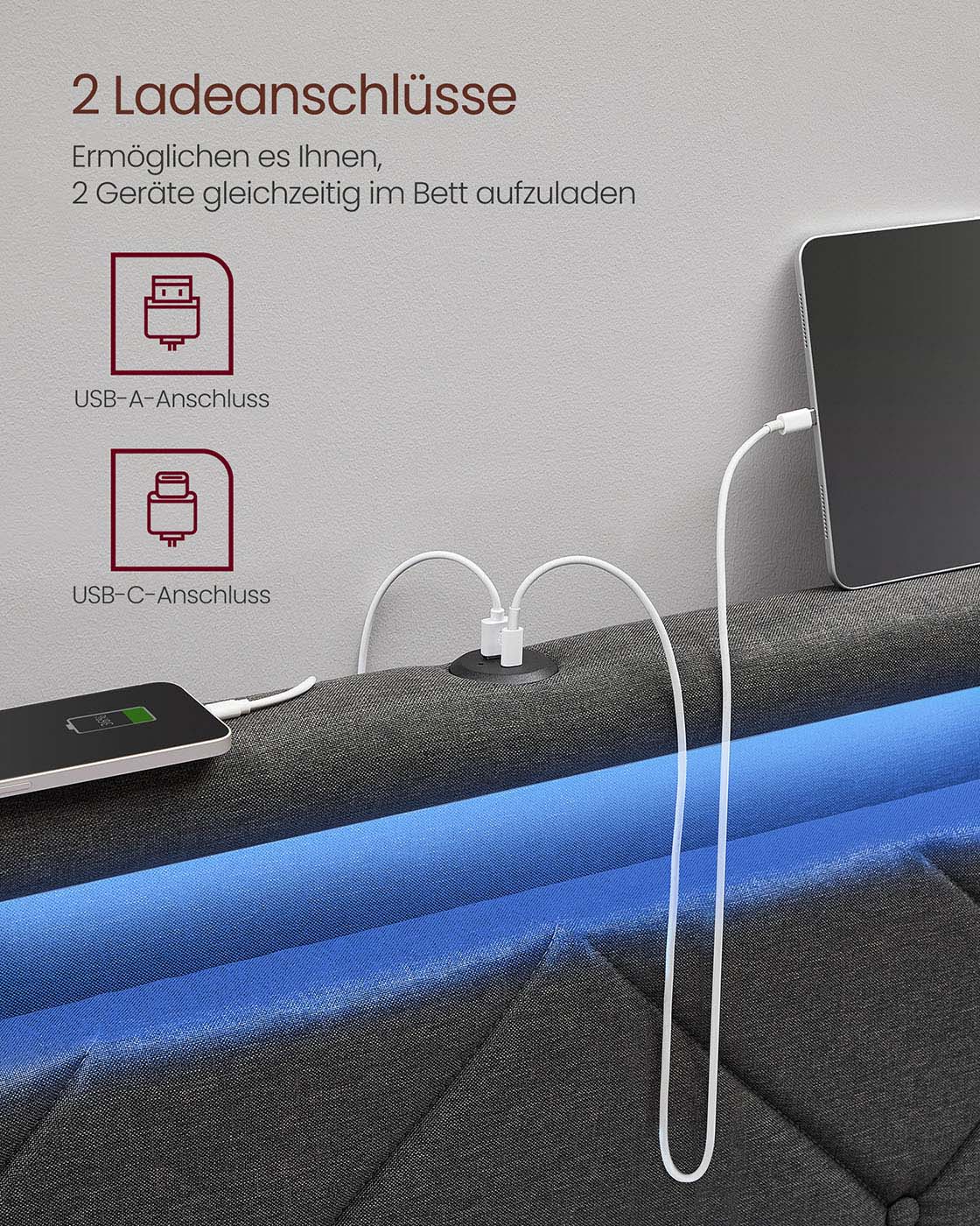 Doppelbett -Rahmen 160 x 200 cm mit LED- und 4 Schubladen und Ladestation