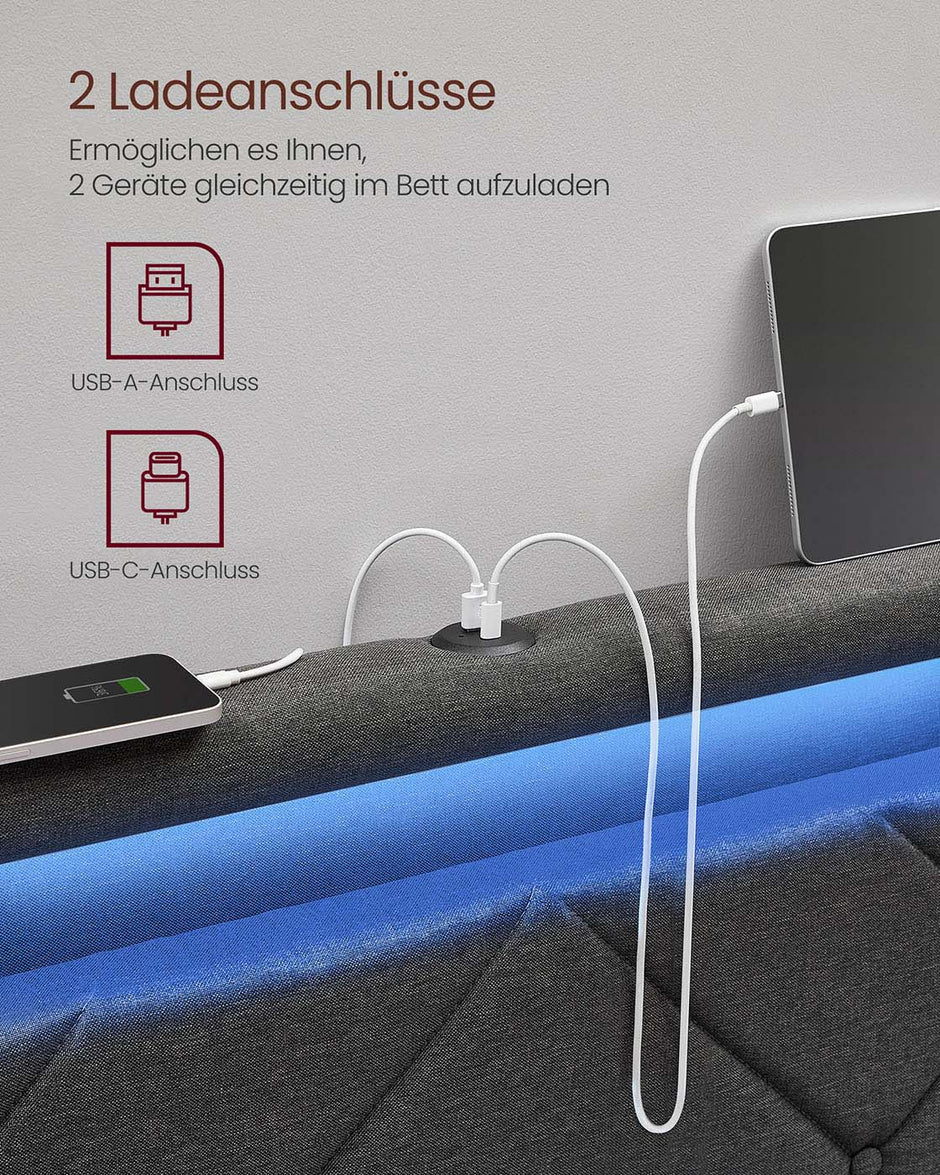 Doppelbett -Rahmen 160 x 200 cm mit LED- und 4 Schubladen und Ladestation