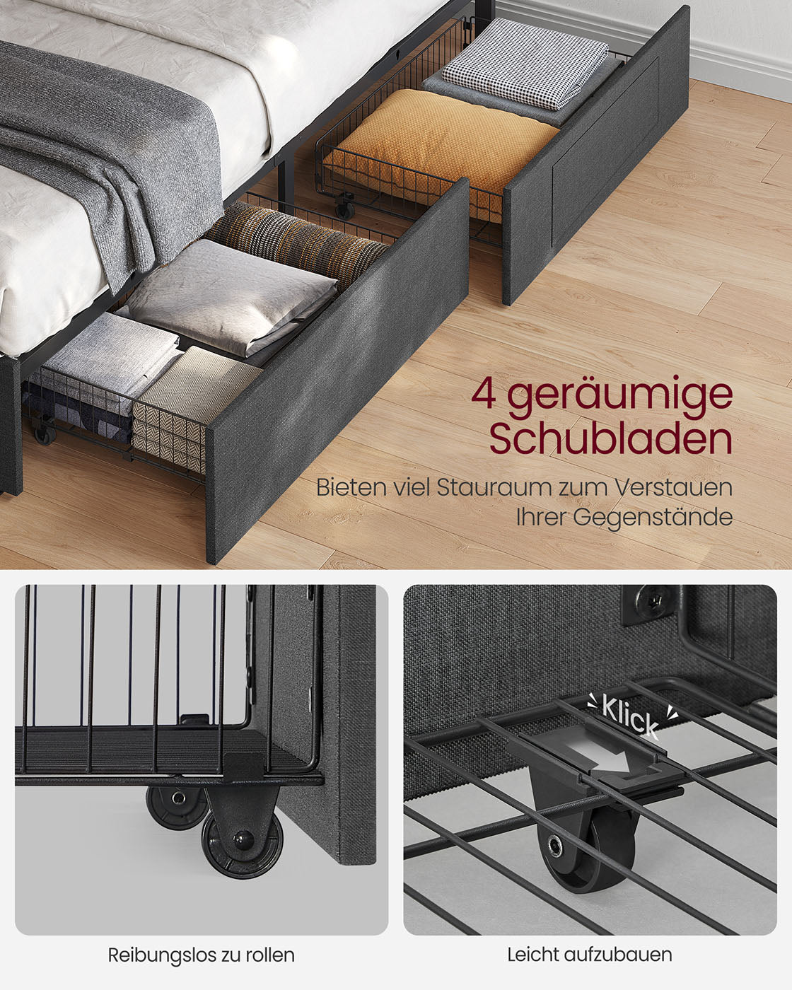 Doppelbett -Rahmen 160 x 200 cm mit LED- und 4 Schubladen und Ladestation