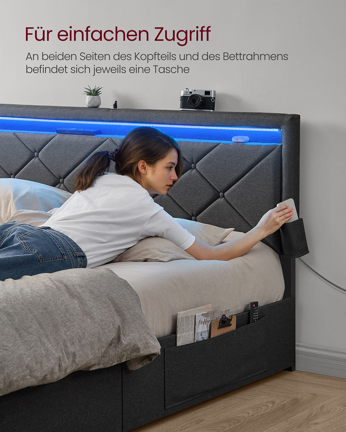 Doppelbett -Rahmen 160 x 200 cm mit LED- und 4 Schubladen und Ladestation