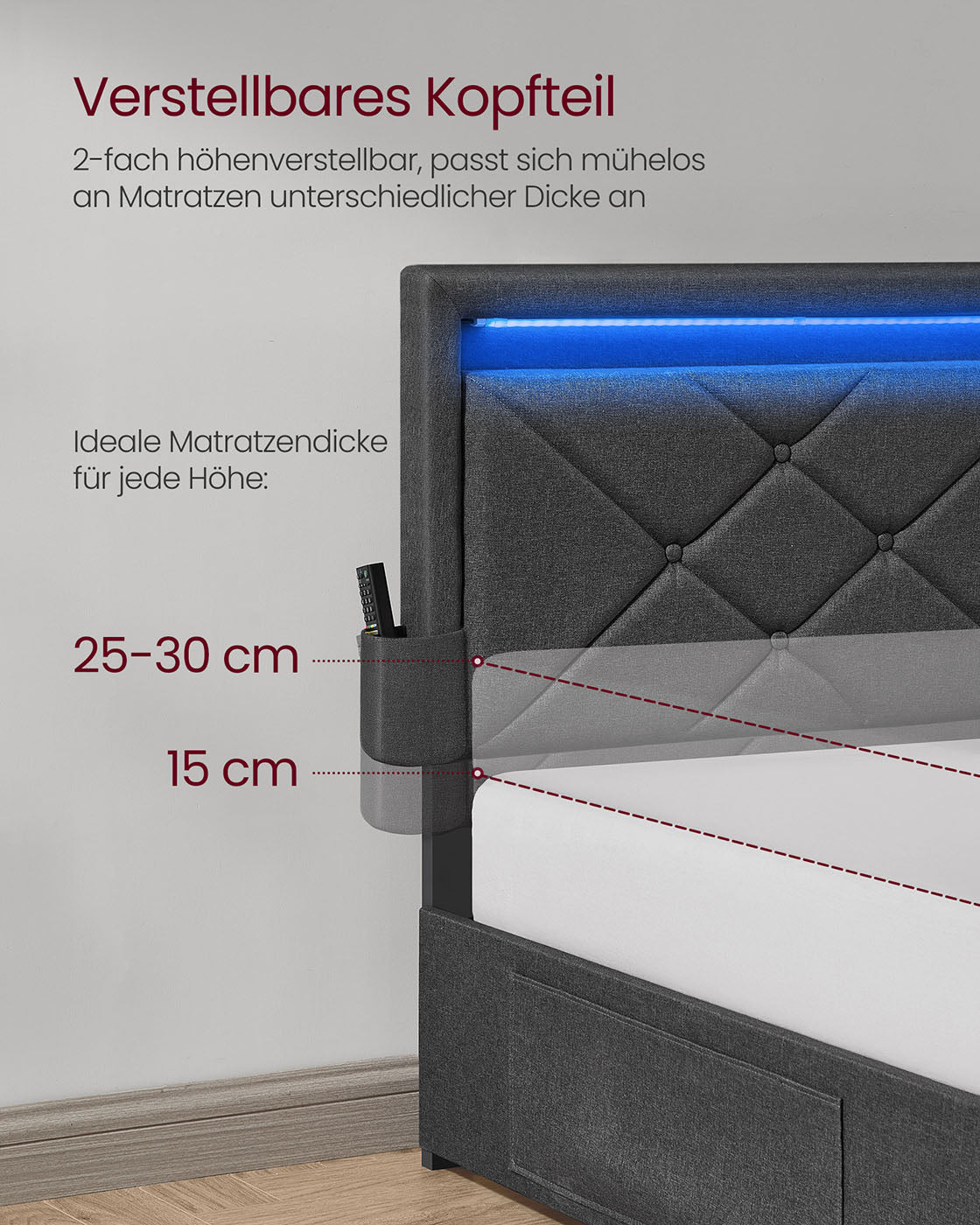 Doppelbett -Rahmen 160 x 200 cm mit LED- und 4 Schubladen und Ladestation