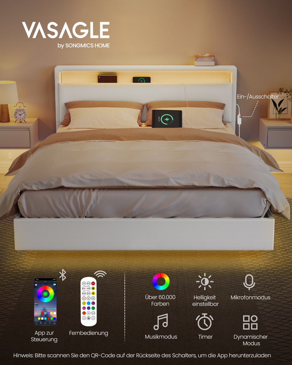 Bettens 140 × 200 cm-LED-Beleuchtung und USB-Ladestation