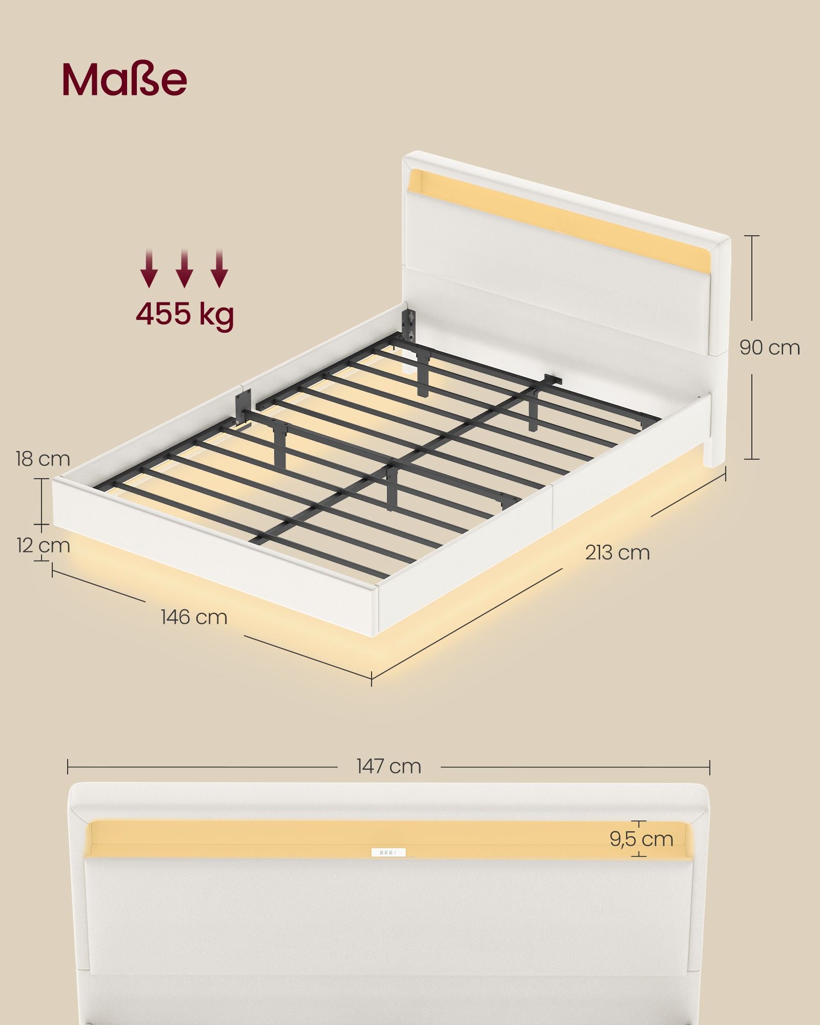 Bettens 140 × 200 cm-LED-Beleuchtung und USB-Ladestation