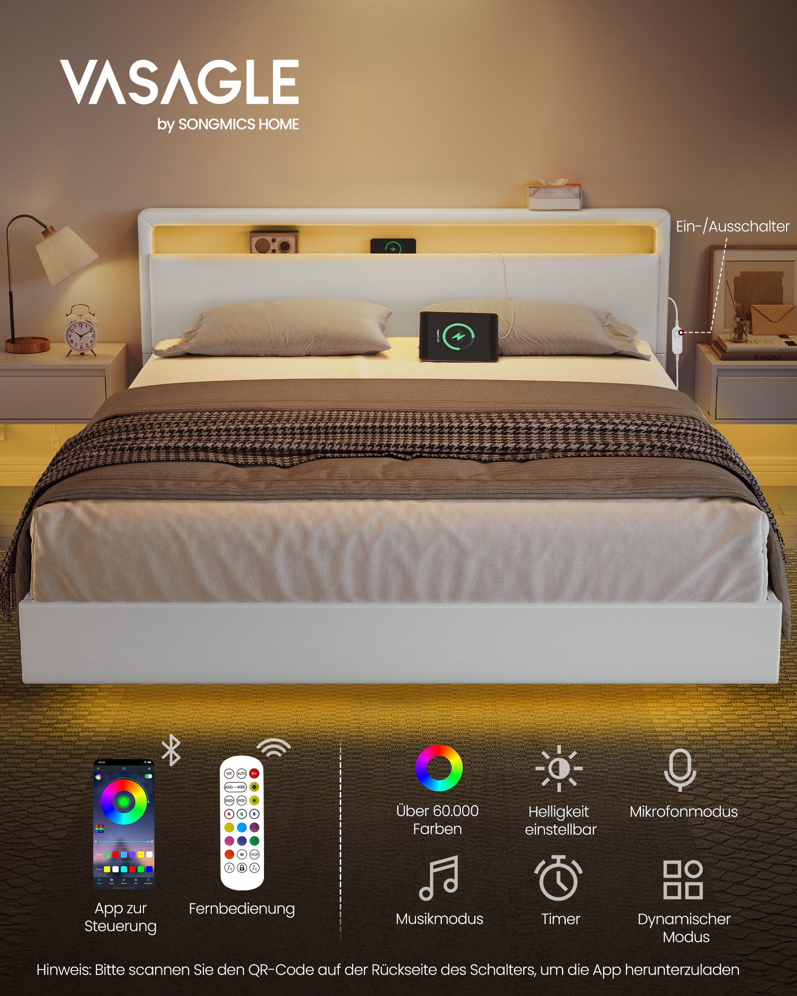 Bettens 160 × 200 cm-LED-Beleuchtung und USB-Ladestation