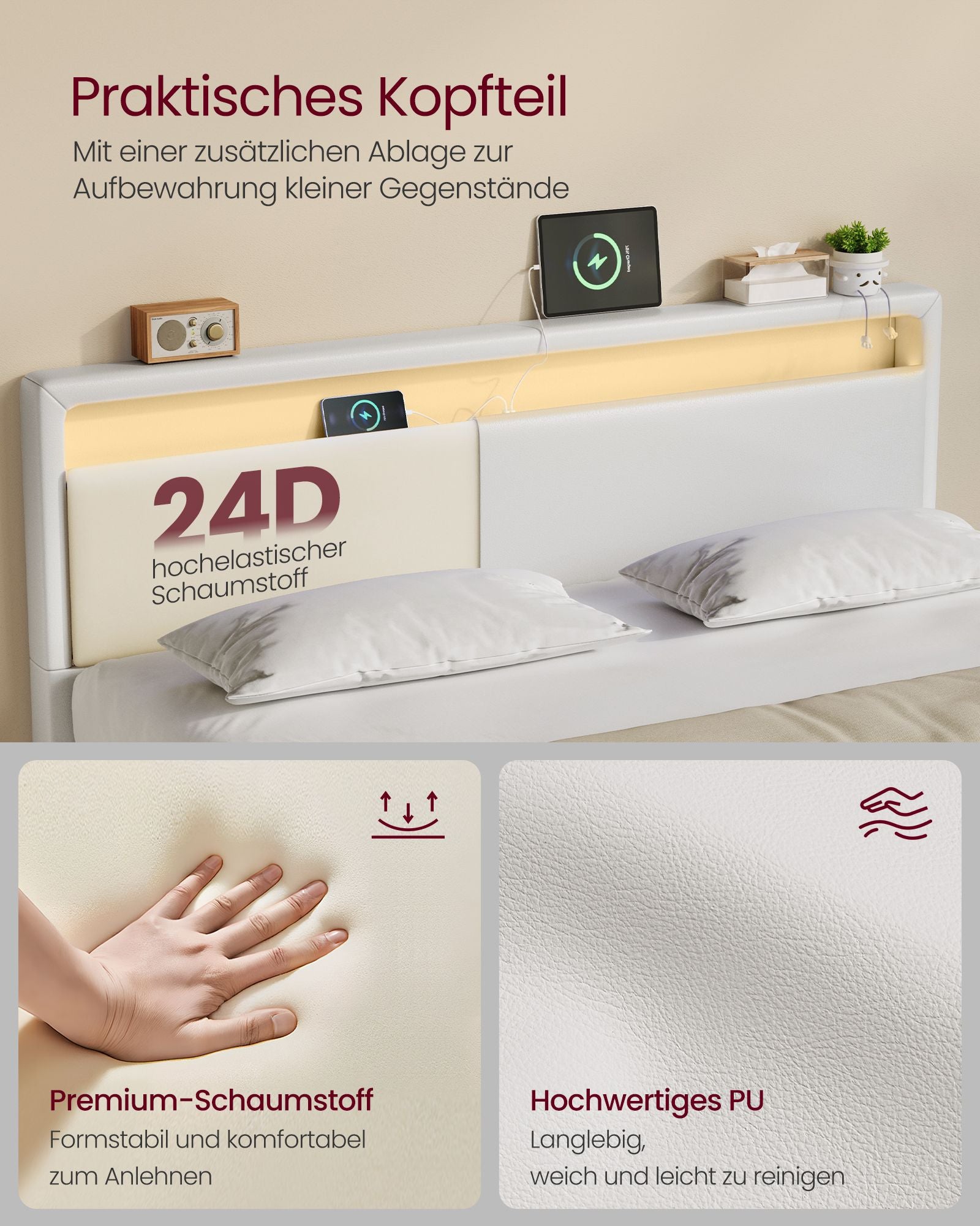 Bettens 160 × 200 cm-LED-Beleuchtung und USB-Ladestation