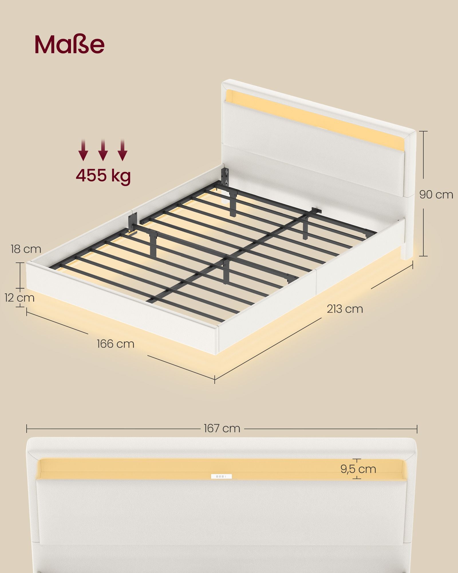 Bettens 160 × 200 cm-LED-Beleuchtung und USB-Ladestation