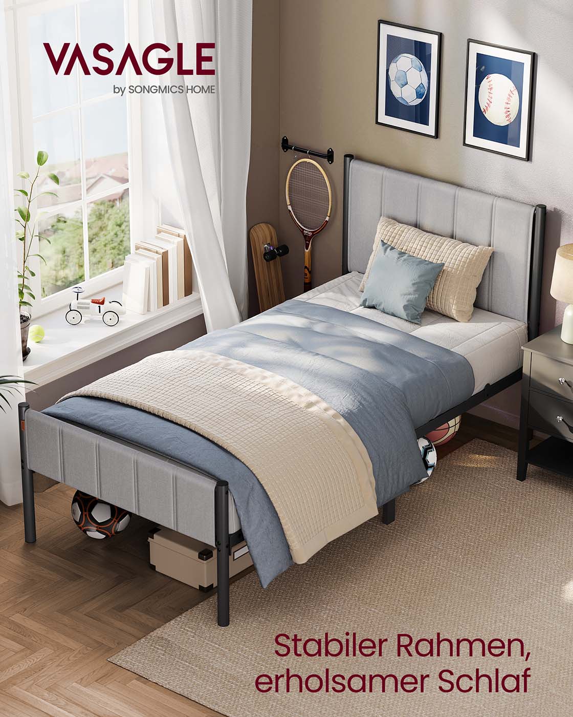 Einzelbettrahmen 90 x 200 cm mit Taubengraustahlbodenplatte