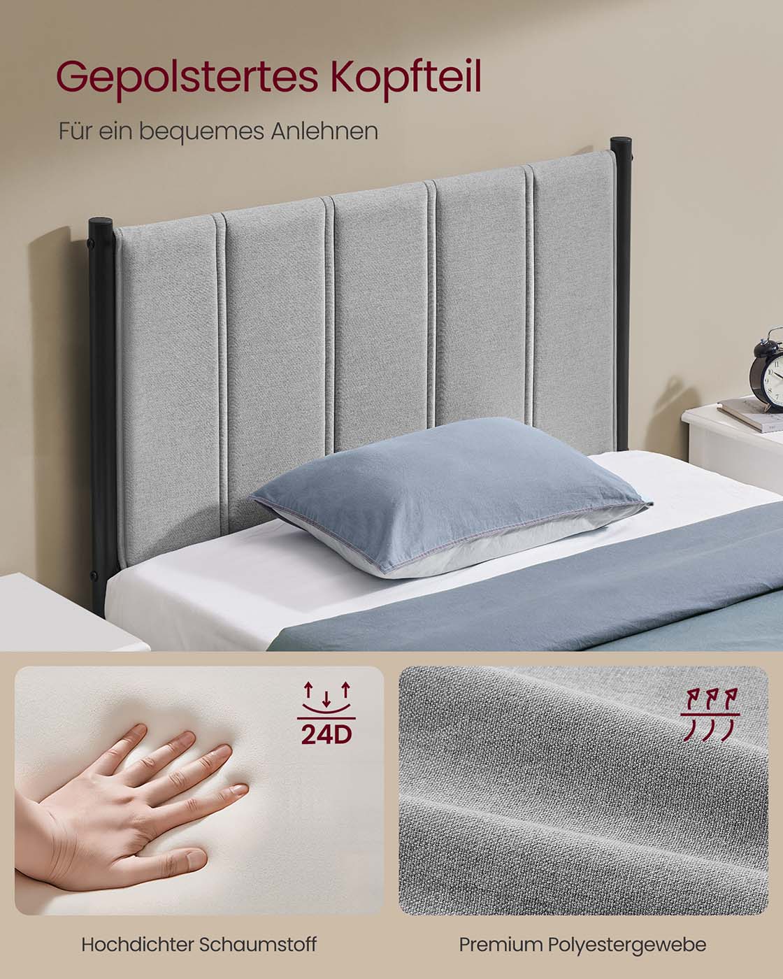 Einzelbettrahmen 90 x 200 cm mit Taubengraustahlbodenplatte