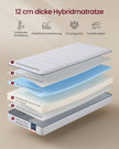 Matras - 90 x 200 cm - Gel-traagschuim - 12 cm dik - Wit - 7-zone ondersteuning - Ademend - Afneembare en machinewasbare hoes