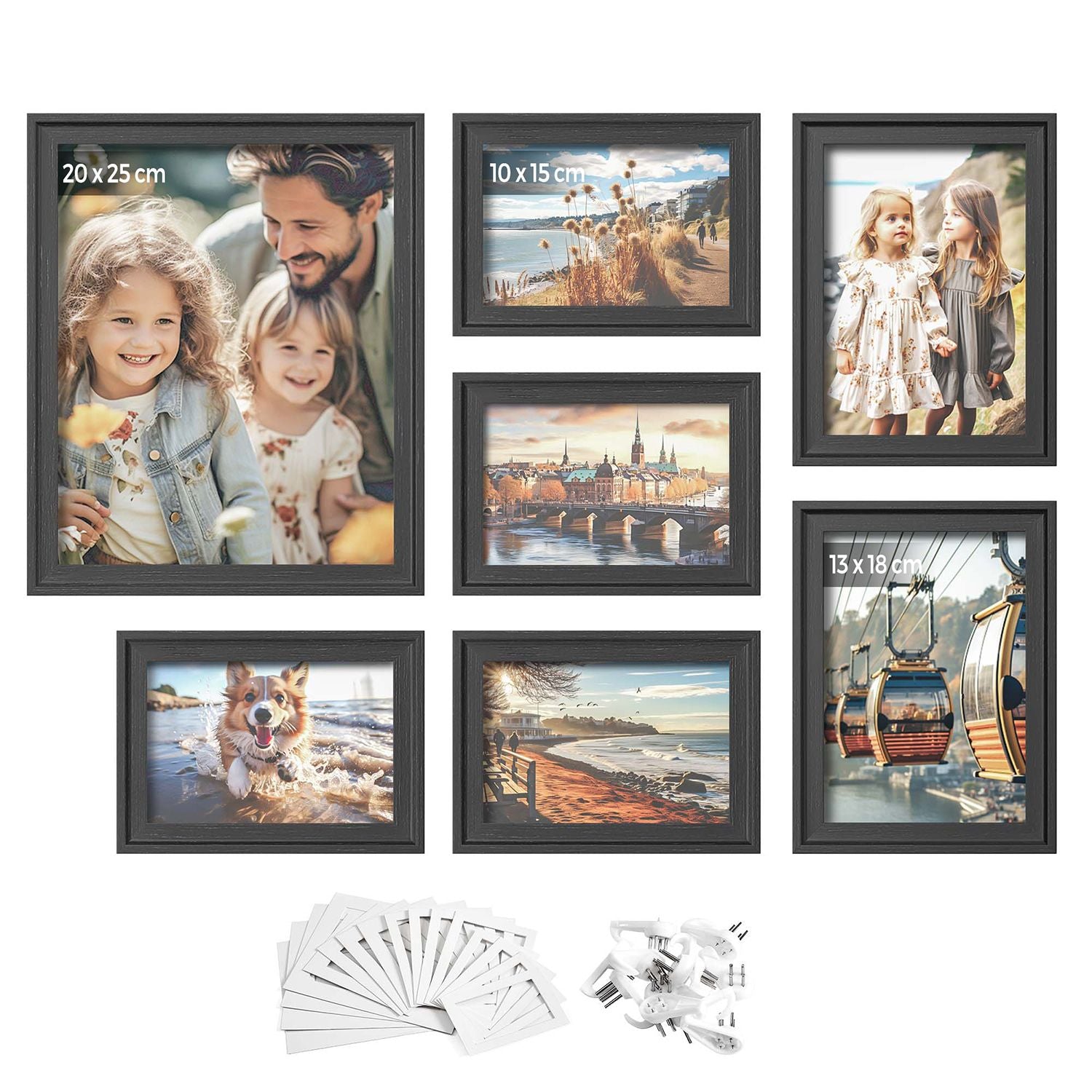 Set von 7 Fotorahmen mit nicht markierenden Wandhaken, Asche schwarz