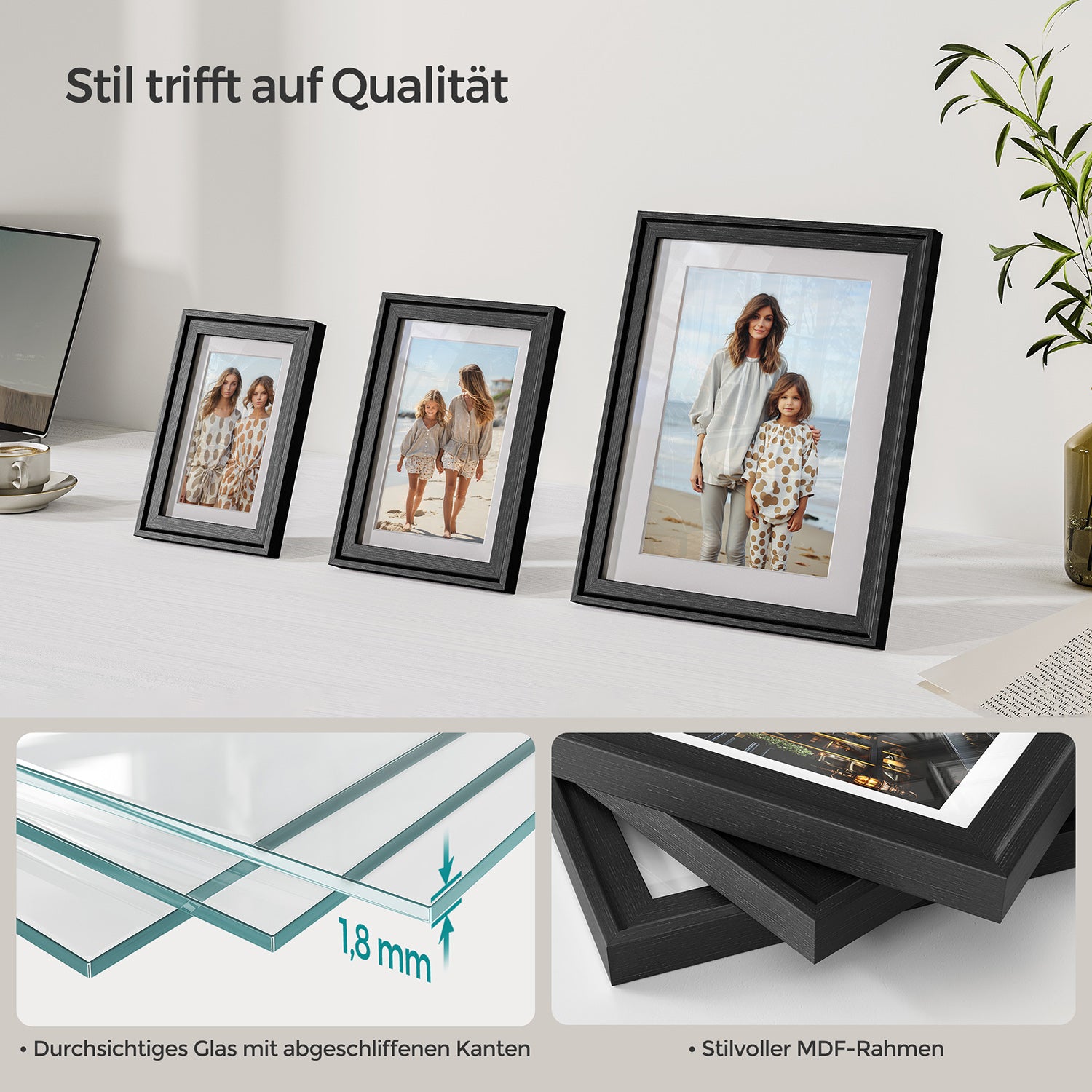Set von 7 Fotorahmen mit nicht markierenden Wandhaken, Asche schwarz