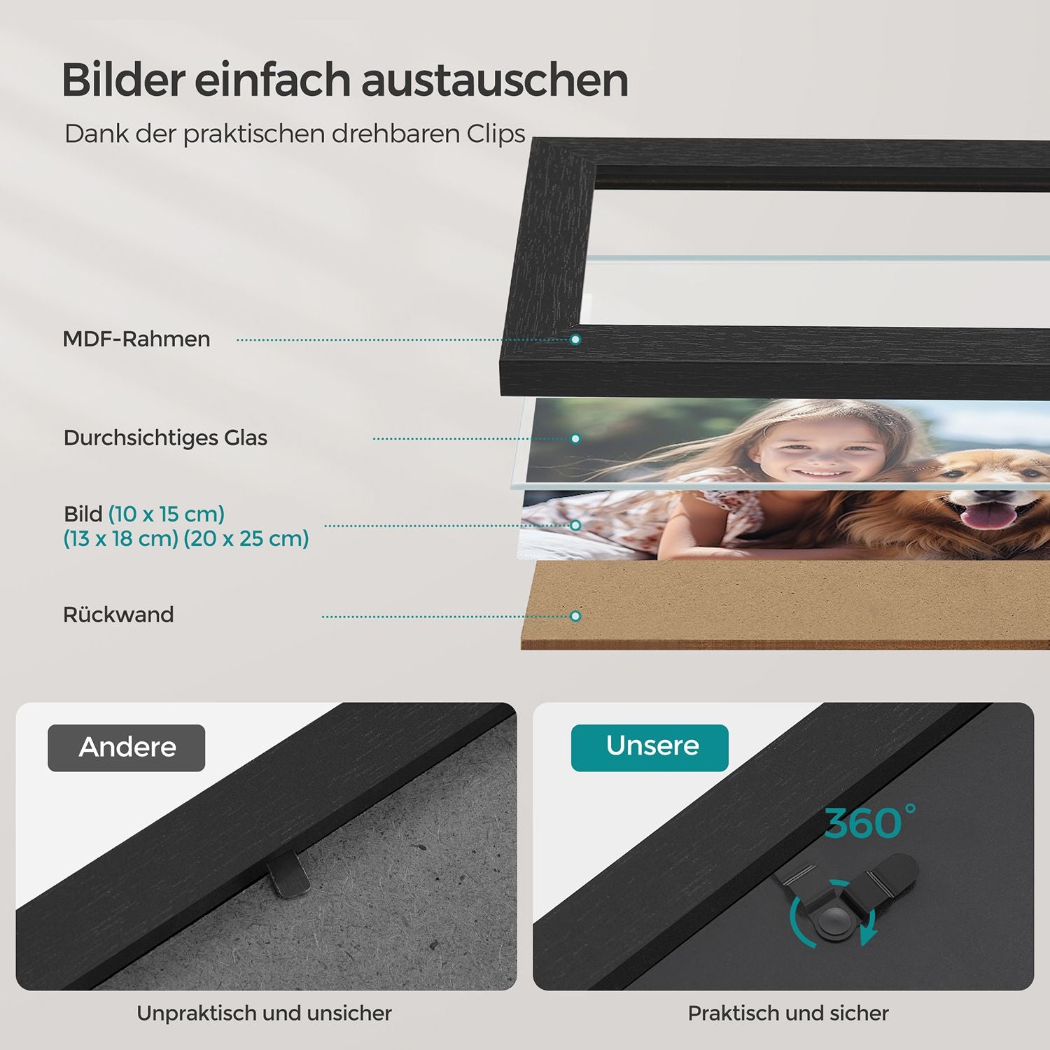 Set von 7 Fotorahmen mit nicht markierenden Wandhaken, Asche schwarz