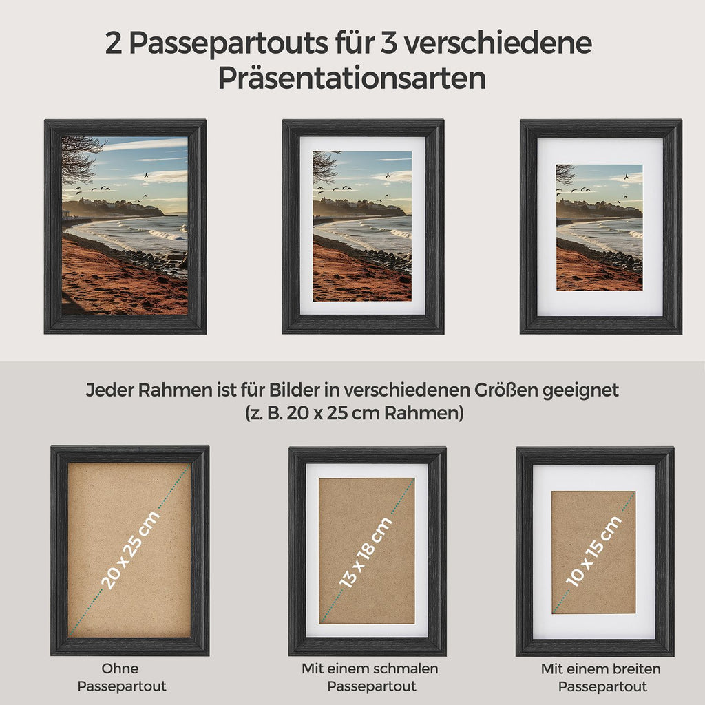 Set von 7 Fotorahmen mit nicht markierenden Wandhaken, Asche schwarz