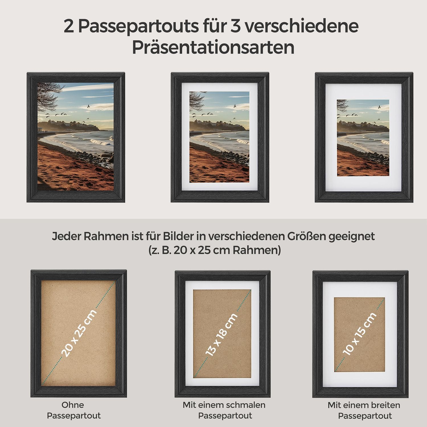 Set von 7 Fotorahmen mit nicht markierenden Wandhaken, Asche schwarz