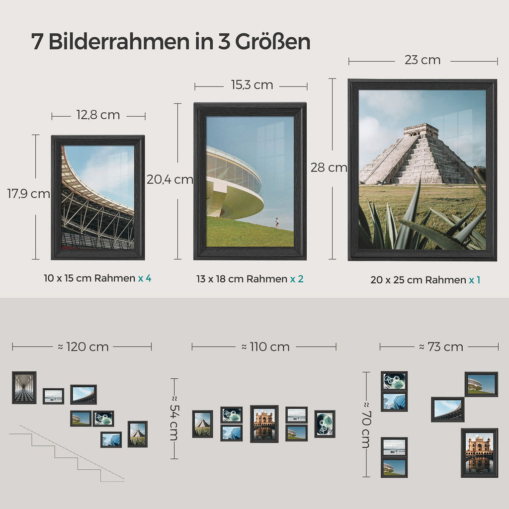 Set von 7 Fotorahmen mit nicht markierenden Wandhaken, Asche schwarz