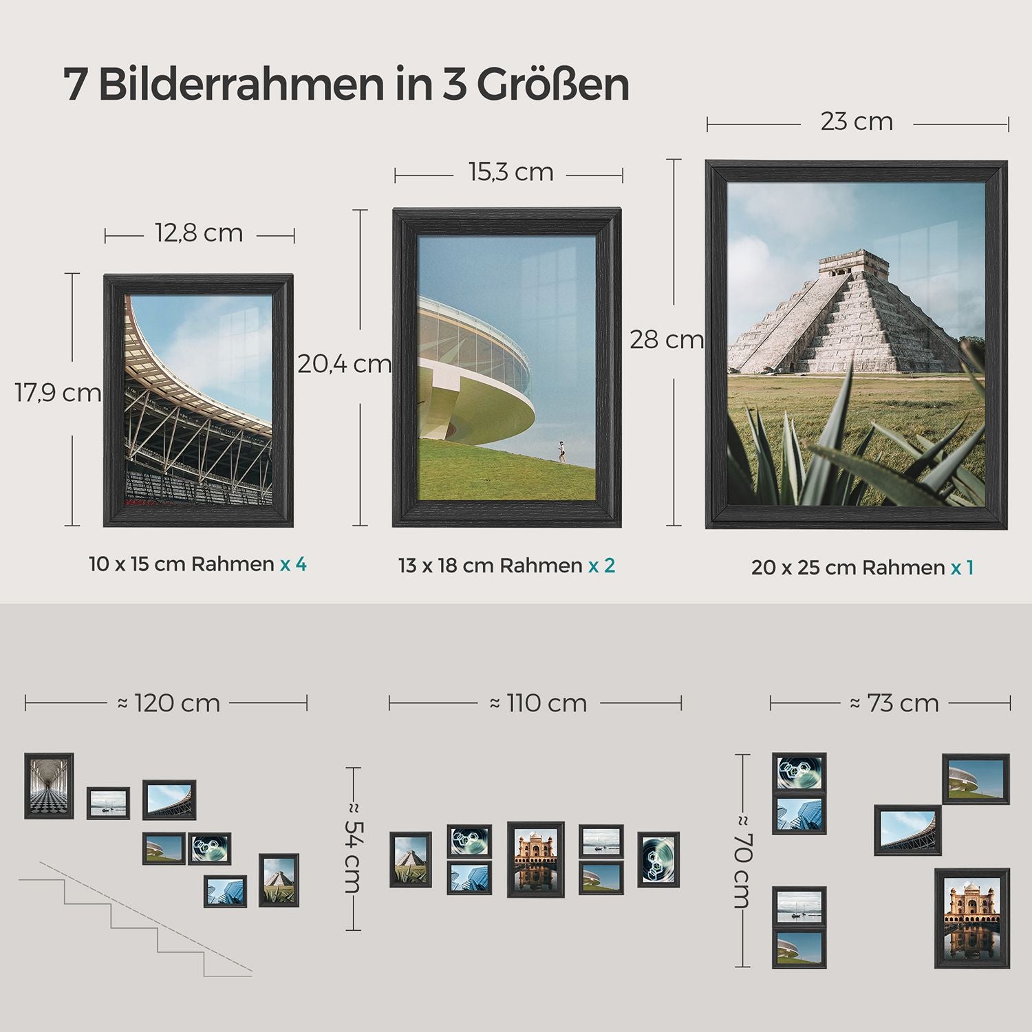 Set von 7 Fotorahmen mit nicht markierenden Wandhaken, Asche schwarz