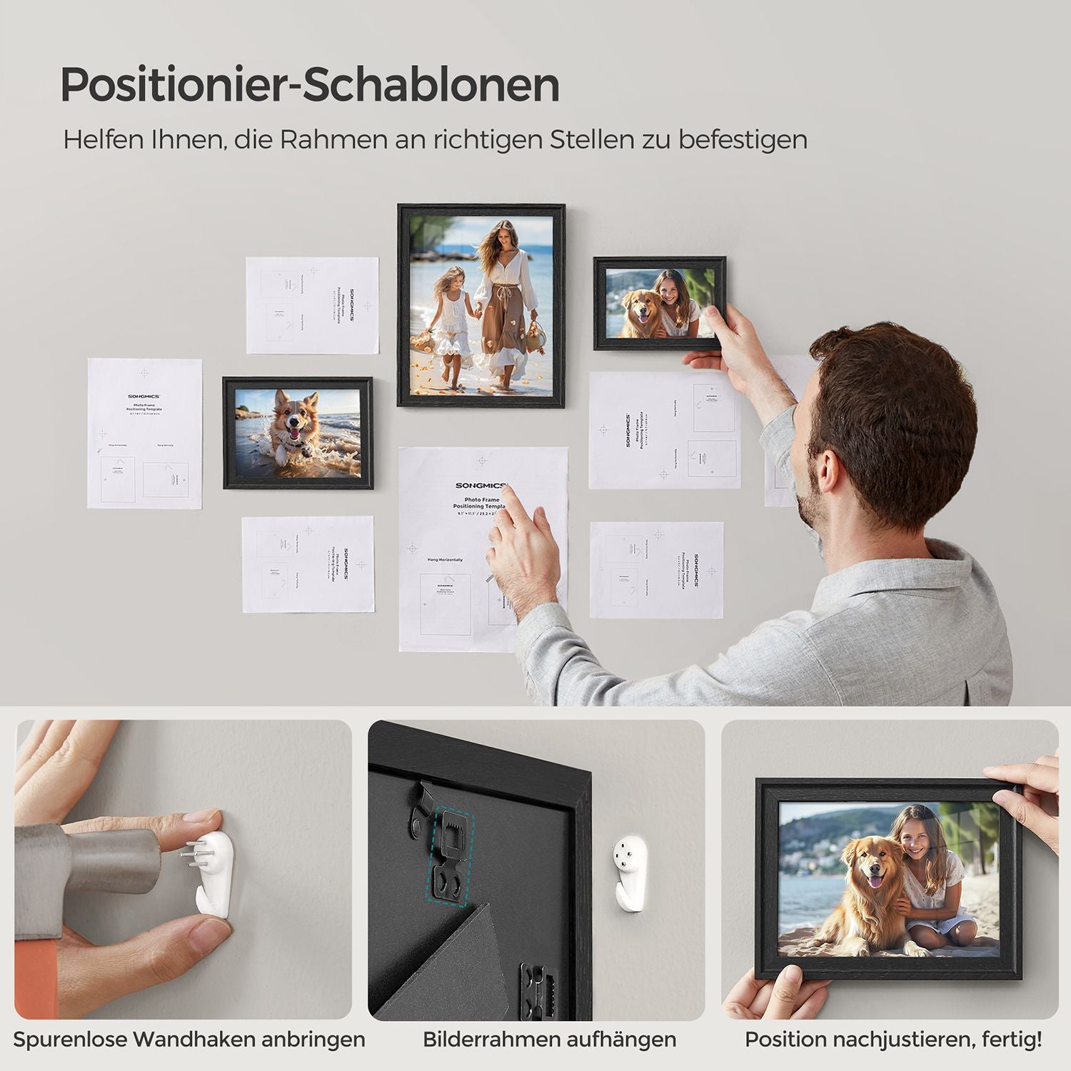 Set von 7 Fotorahmen mit nicht markierenden Wandhaken, Asche schwarz