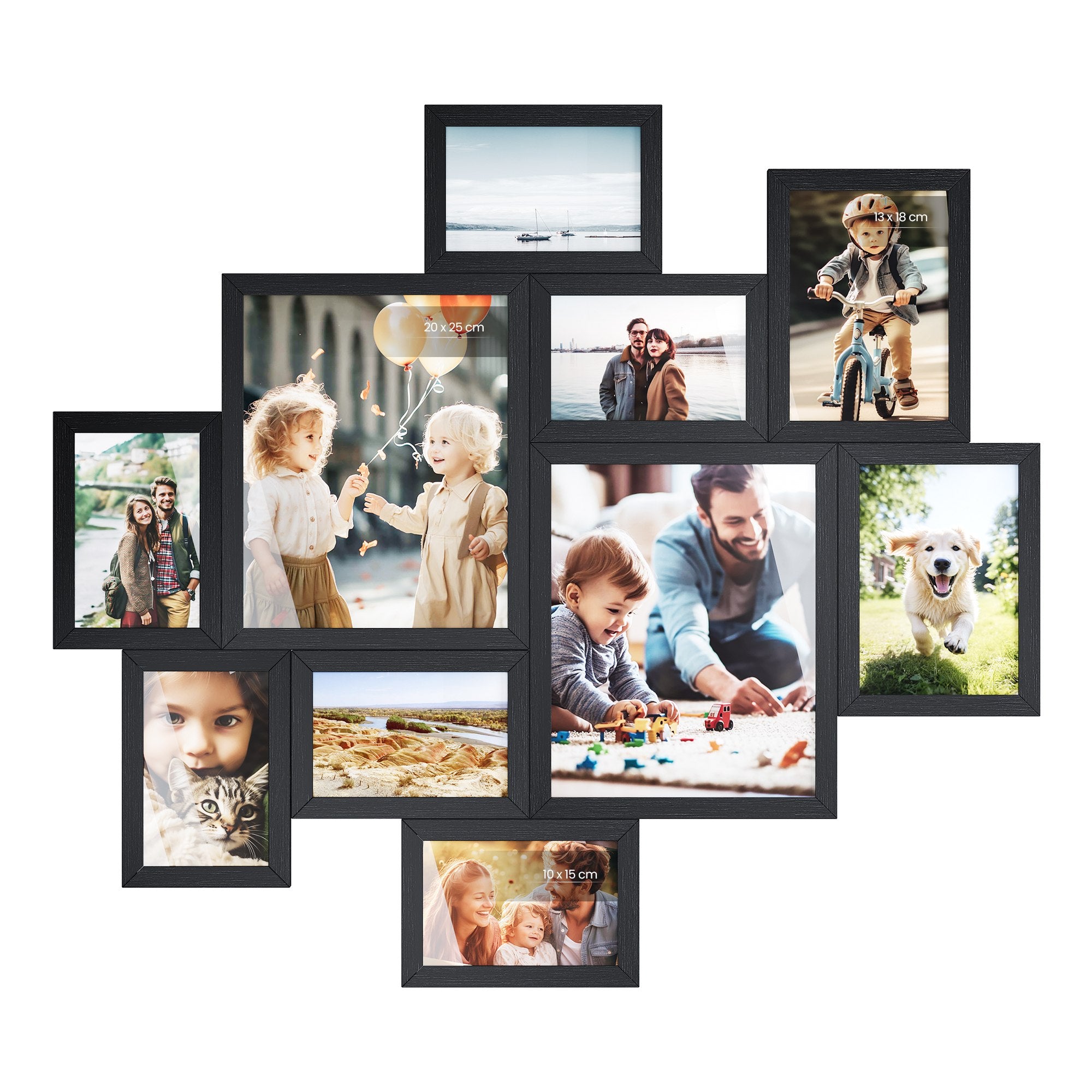 Fotolijstje - Set van 10 - Diverse maten - 20 x 25 cm, 13 x 18 cm, 10 x 15 cm - Zwart - PVC-kunststof - Totale gewicht 1,7 kg