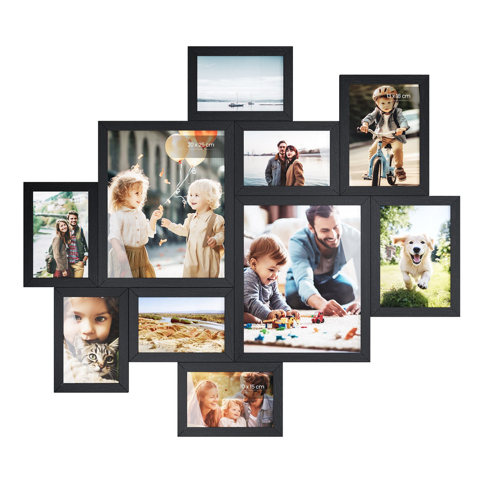 Fotolijstje - Set van 10 - Diverse maten - 20 x 25 cm, 13 x 18 cm, 10 x 15 cm - Zwart - PVC-kunststof - Totale gewicht 1,7 kg