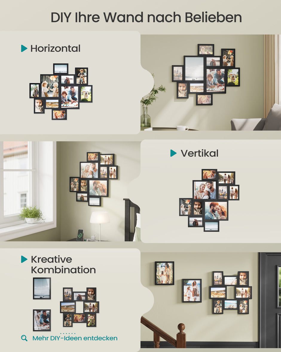 Fotolijstje - Set van 10 - Diverse maten - 20 x 25 cm, 13 x 18 cm, 10 x 15 cm - Zwart - PVC-kunststof - Totale gewicht 1,7 kg