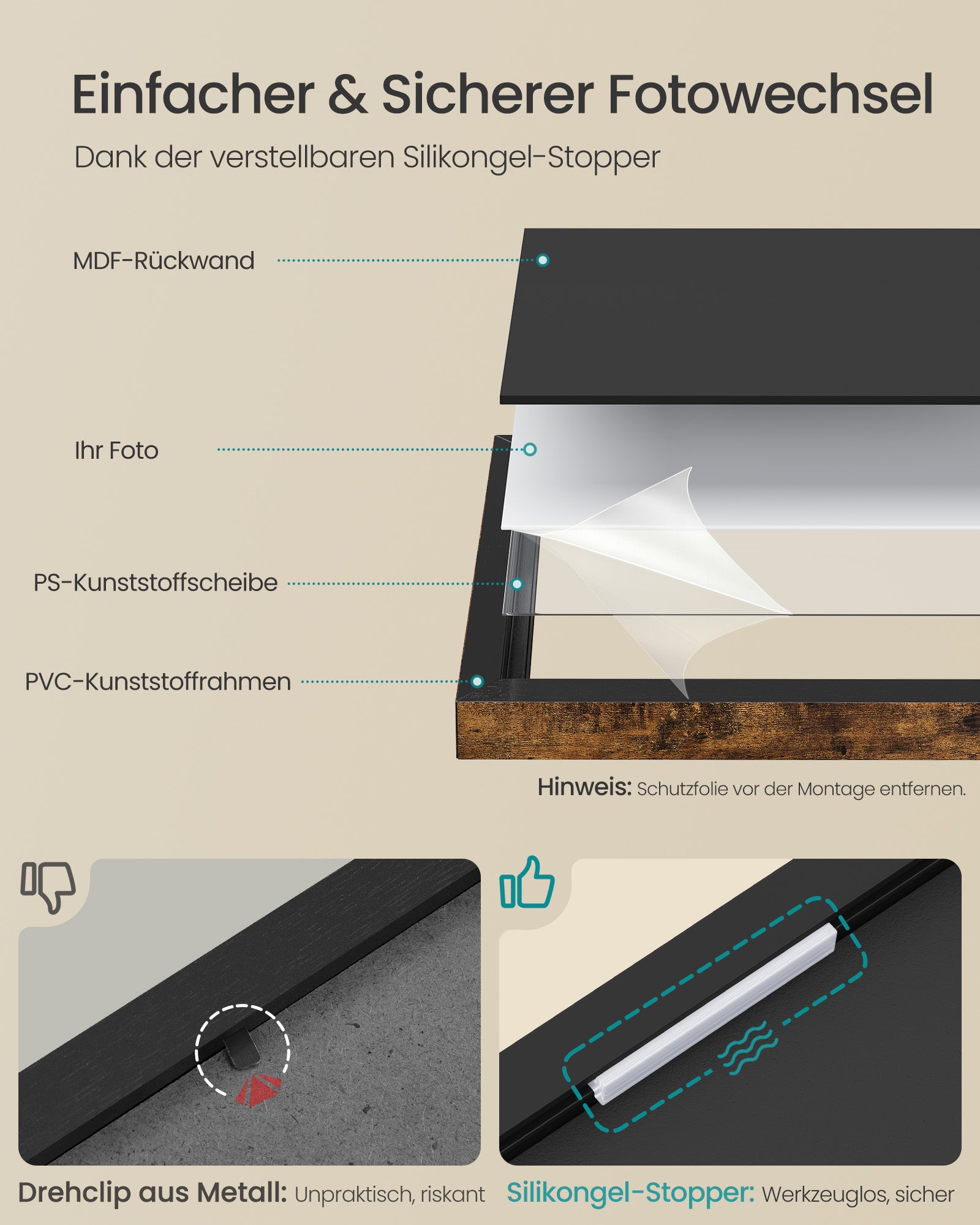Fotolijst - Set van 10 - Diverse maten 17,4 x 12,3 cm, 20 x 14,8 cm, 27,5 x 22,5 cm - Materiaal PVC en MDF - Kleur Roodbruin - Geschikt voor fotoformaten tot 20 x 25 cm - Totaal gewicht 1,73 kg