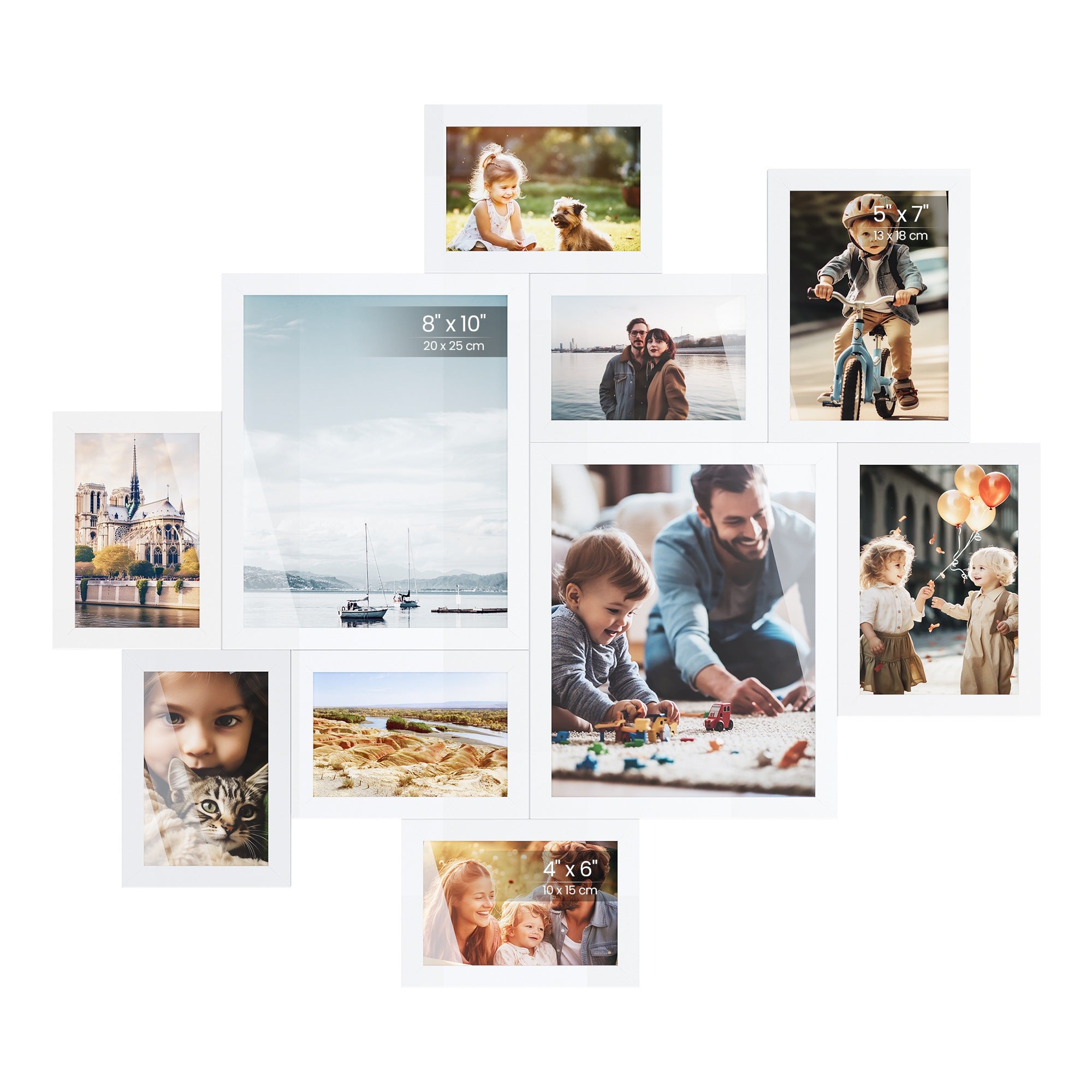 Fotolijstje - Set van 10 - Diverse maten - 20 x 25 cm, 13 x 18 cm, 10 x 15 cm - Wit - PVC-kunststof