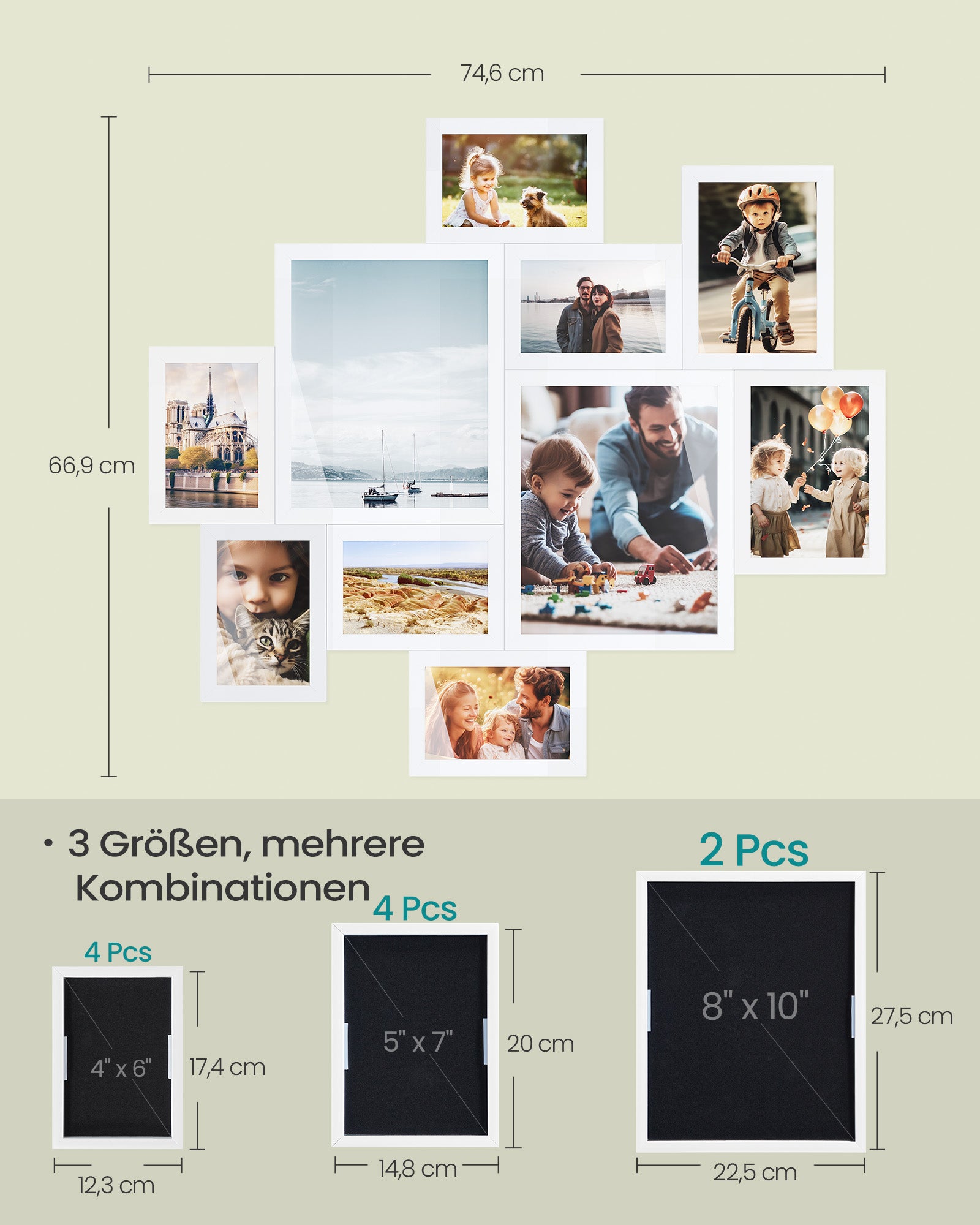Fotolijstje - Set van 10 - Diverse maten - 20 x 25 cm, 13 x 18 cm, 10 x 15 cm - Wit - PVC-kunststof