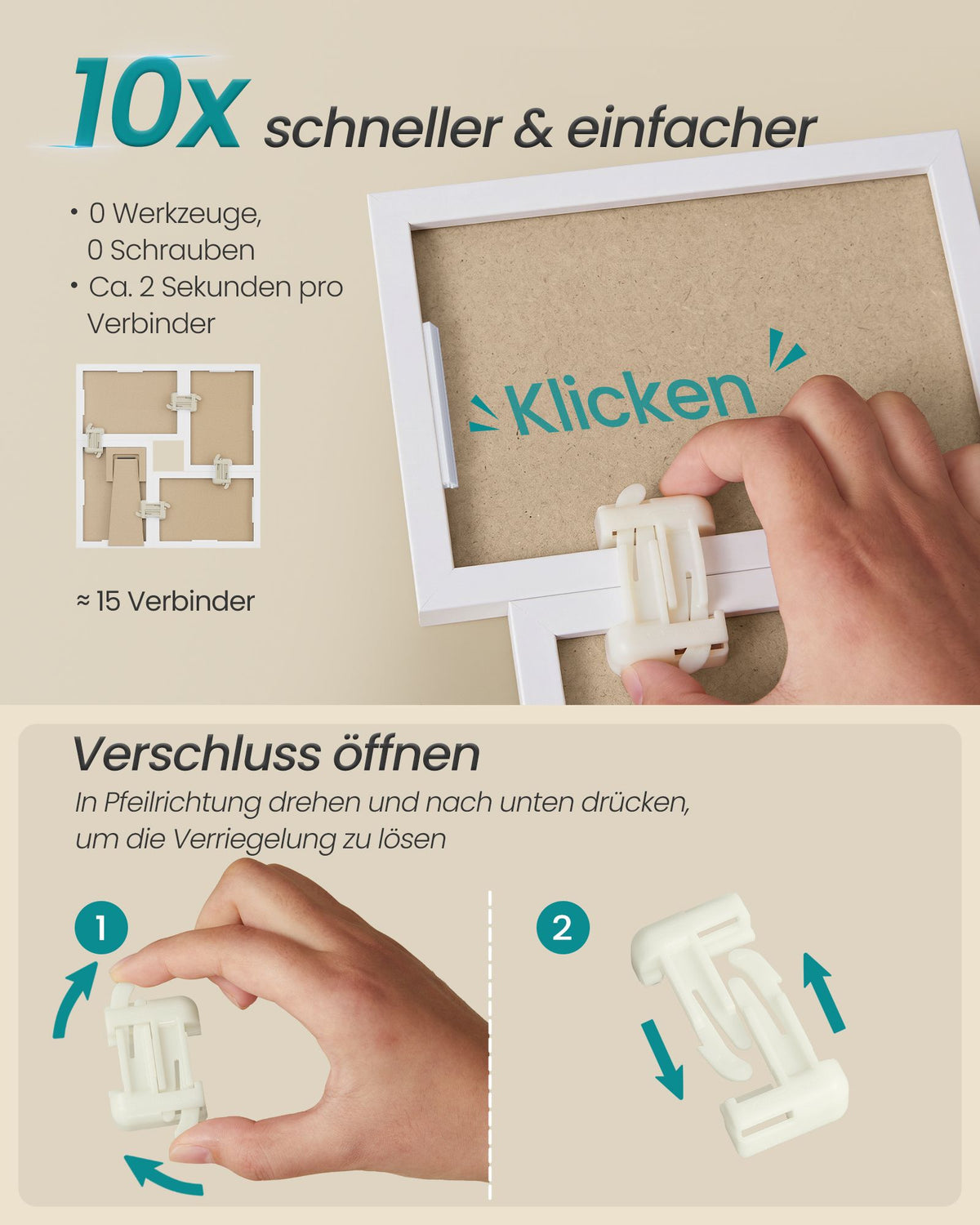 Fotolijsten Set – Compact – Gereedschapsloos Ophangen of Neerzetten – 10 x 15 cm – Wit
