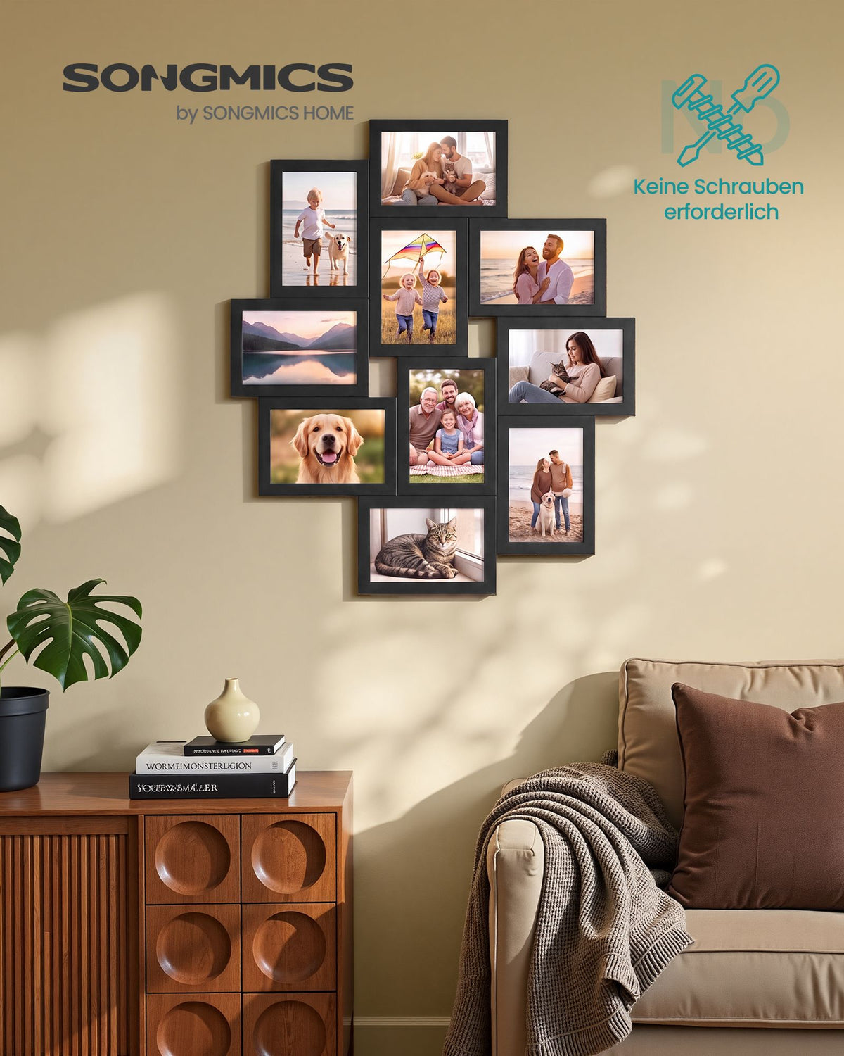 Fotolijsten Set – Middelgroot – Gereedschapsloos Ophangen of Neerzetten – 10 x 15 cm – Zwart