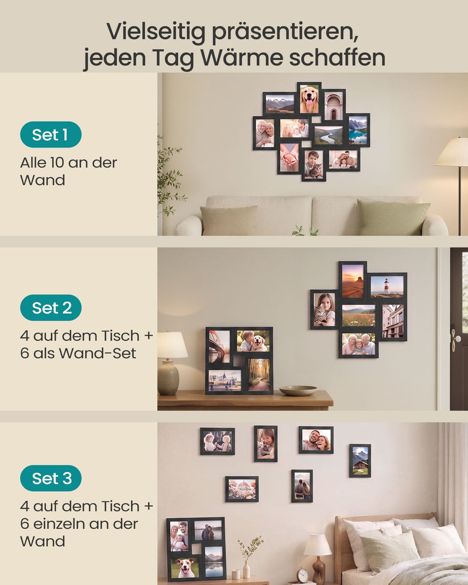 Fotolijsten Set – Middelgroot – Gereedschapsloos Ophangen of Neerzetten – 10 x 15 cm – Zwart