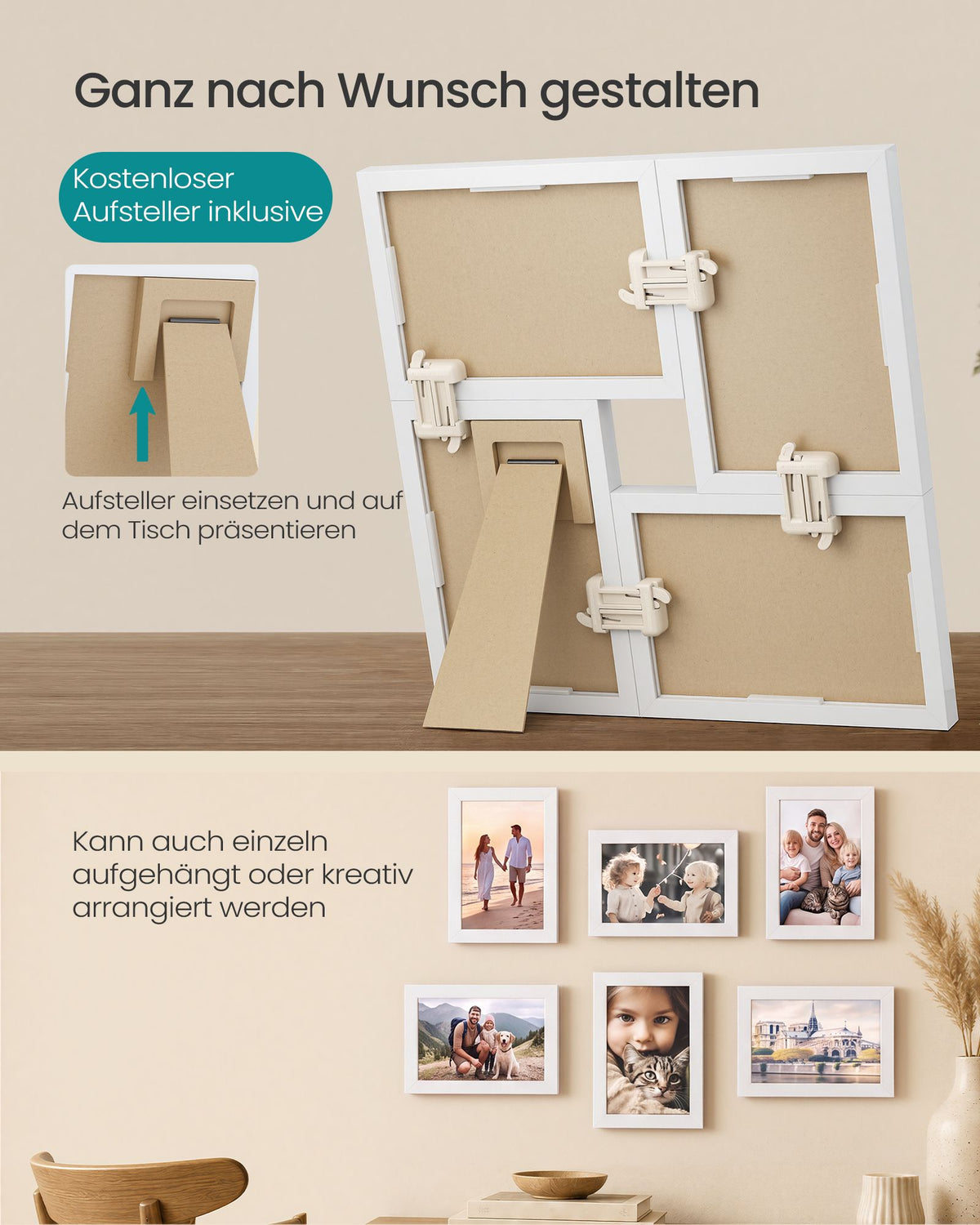 Fotolijsten Set – Middelgroot – Gereedschapsloos Ophangen of Neerzetten – 10 x 15 cm – Wit