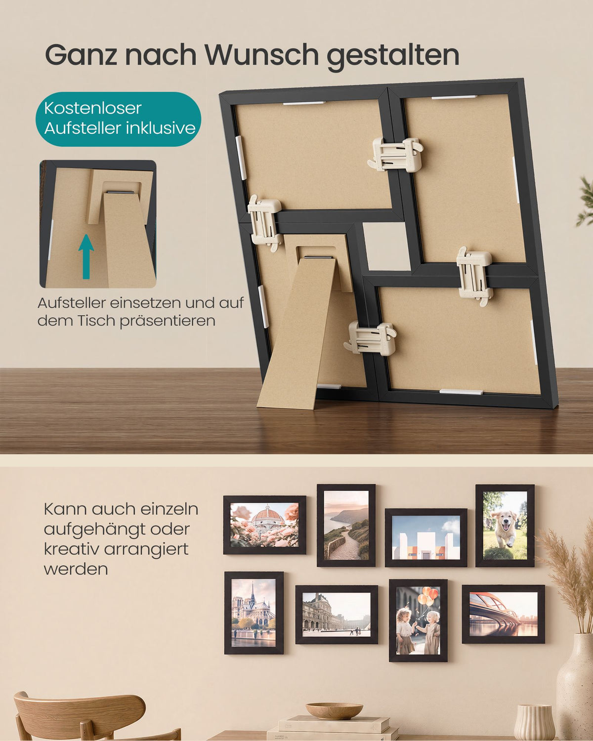 Fotolijsten Set – Groot – Gereedschapsloos Ophangen of Neerzetten – 10 x 15 cm – Zwart