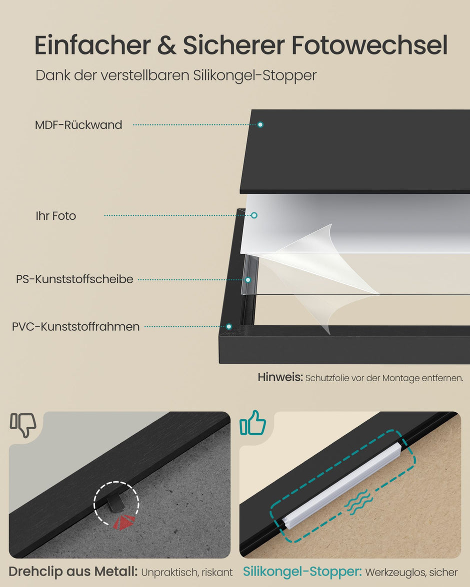 Fotolijsten Set – Groot – Gereedschapsloos Ophangen of Neerzetten – 10 x 15 cm – Zwart
