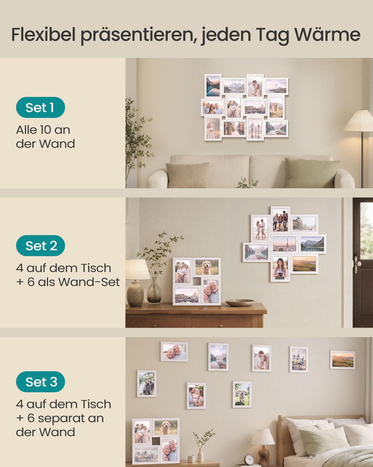 Fotolijsten Set – Groot – Gereedschapsloos Ophangen of Neerzetten – 10 x 15 cm – Wit