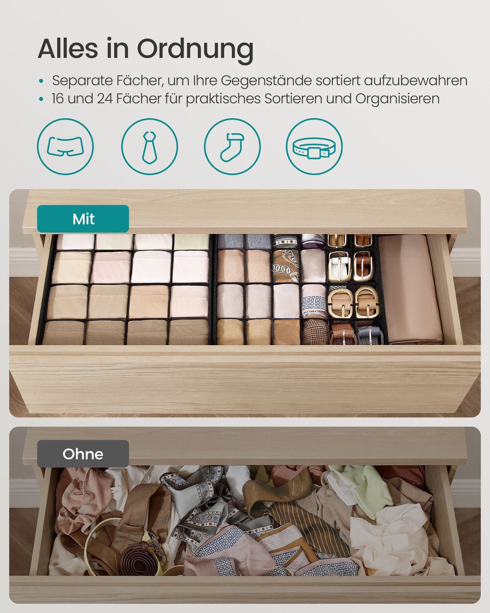 Unterwäsche -Organisator -Set von 4 mit 80 Kursen, Tinte -Black