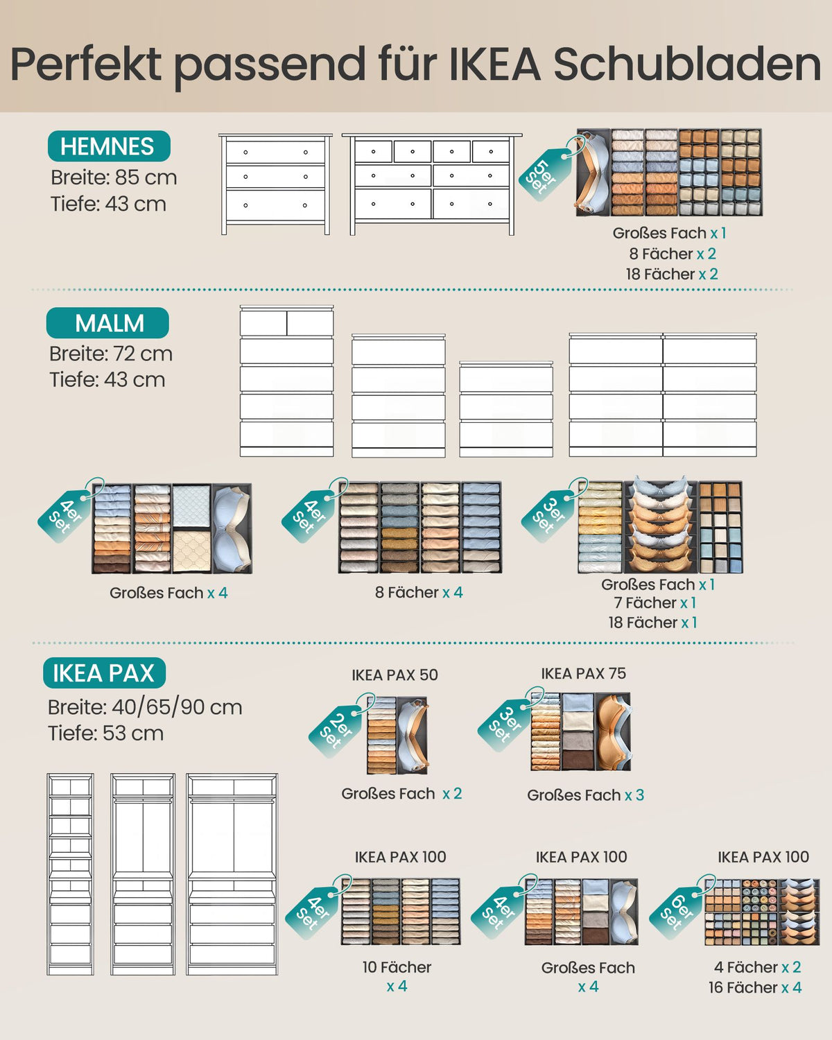 Lade-organizer - Opvouwbaar - Set van Meerdere Boxen - Duifgrijs - 19 x 41 x 10 cm