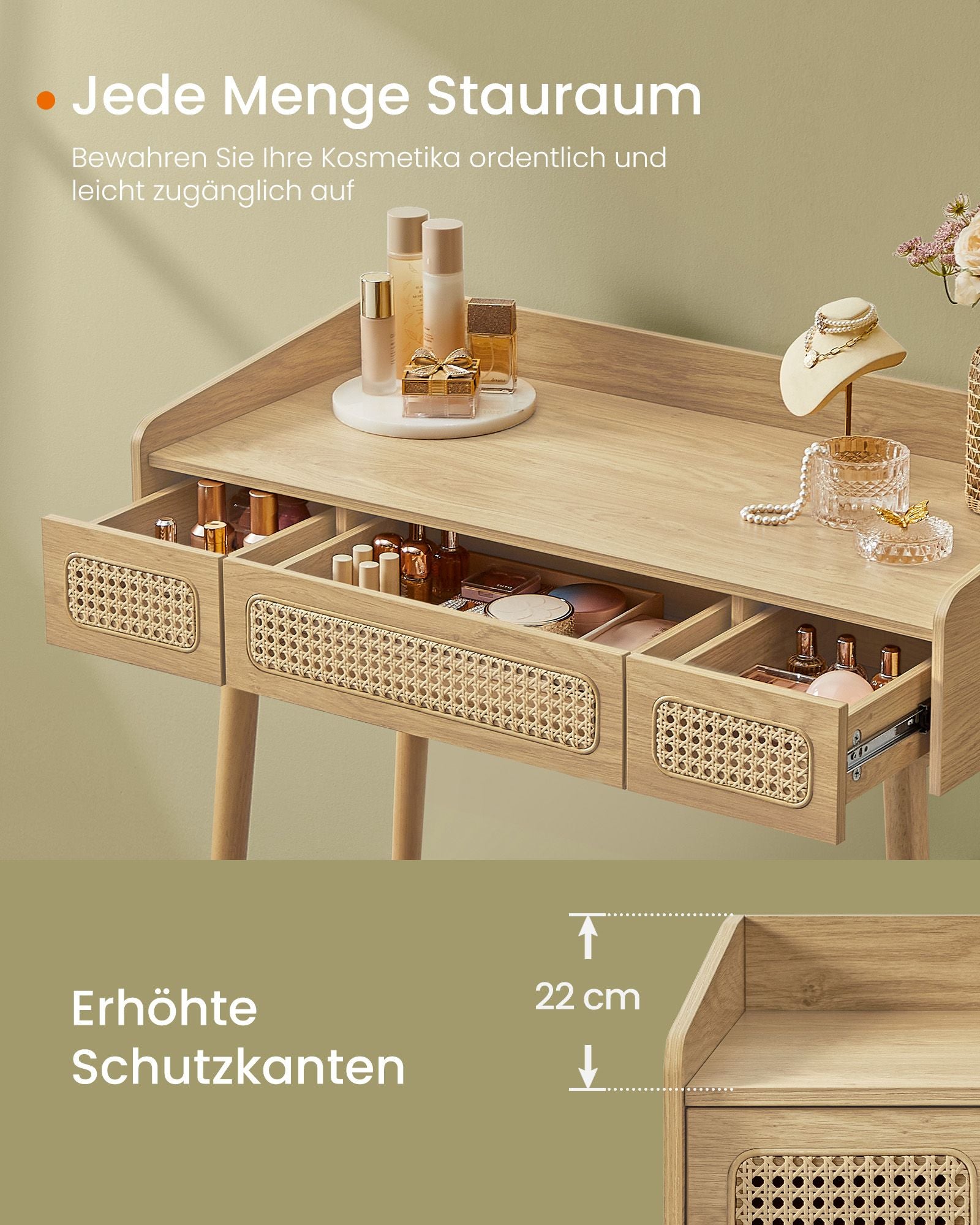 Schminktisch mit Spiegel und Laden im Boho -Stil