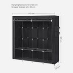 Leinenschrank - Stoffgarderobe - 45 x 170 x 167 cm - mit Regalen - Schwarz
